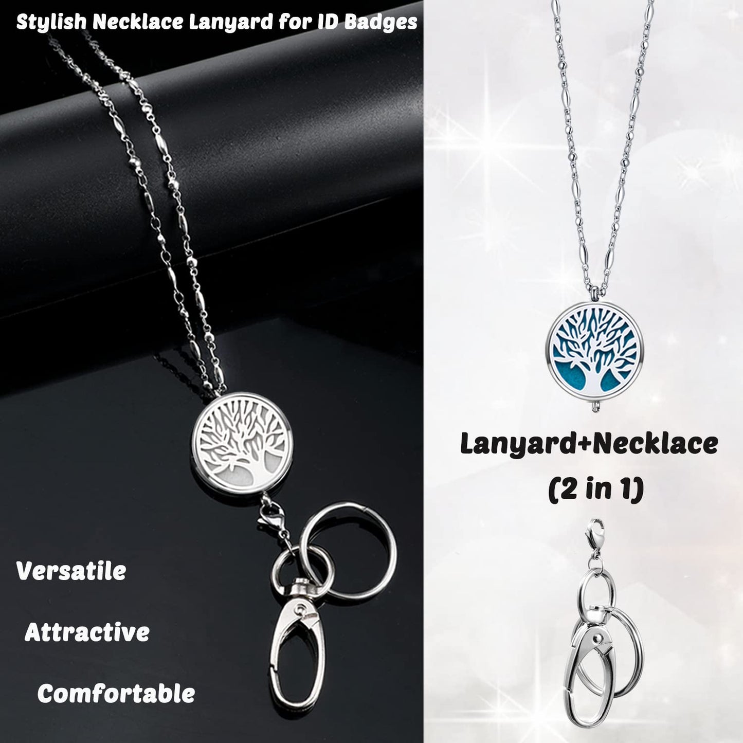 Lanyards for ID Badges Keys Women Cute Teacher Lanyard ID Holder Necklace Silver Chain Fashion Strong Keychain Diffuser Office School Work Jewelry Nurse Teacher Appreciation Gifts Mandala