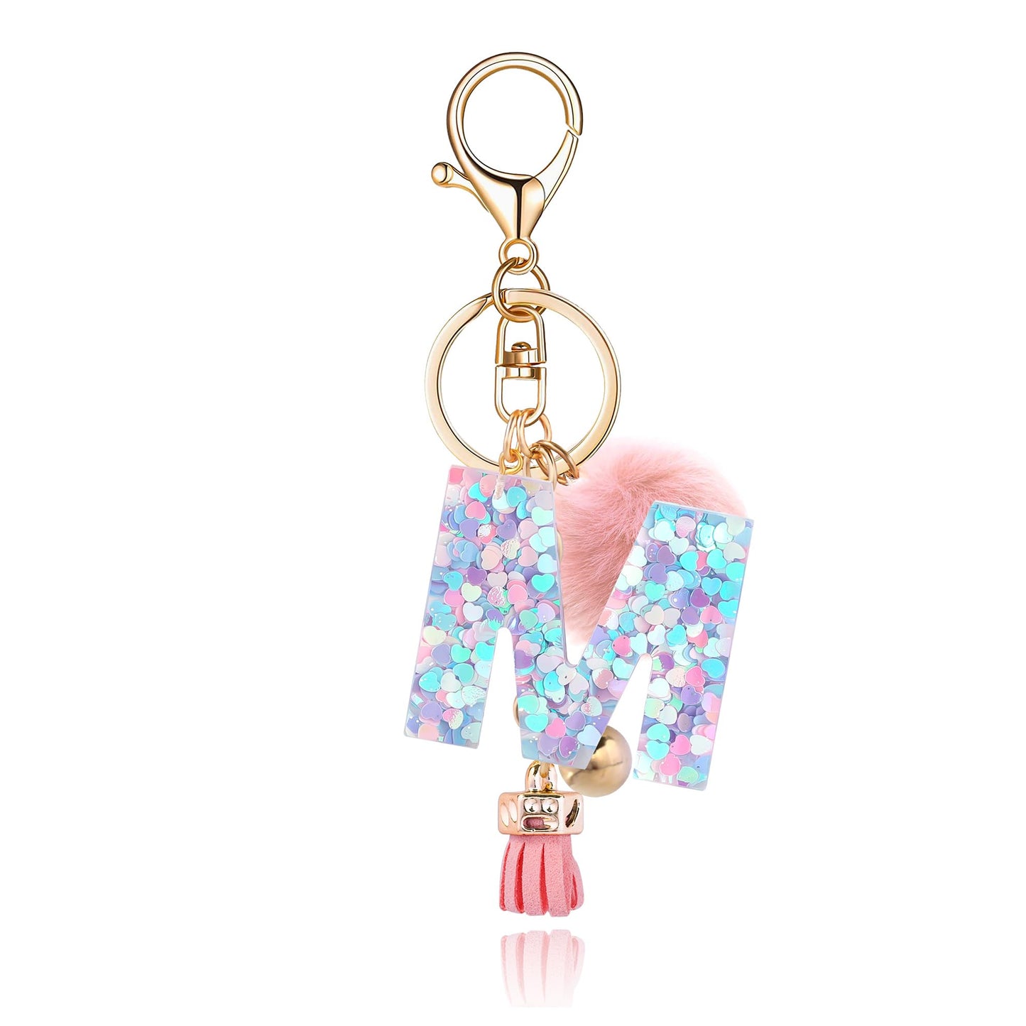 Resin Alphabet Initial Letter Keychain Keyring for Women Purse Handbags With Fur Ball Pom