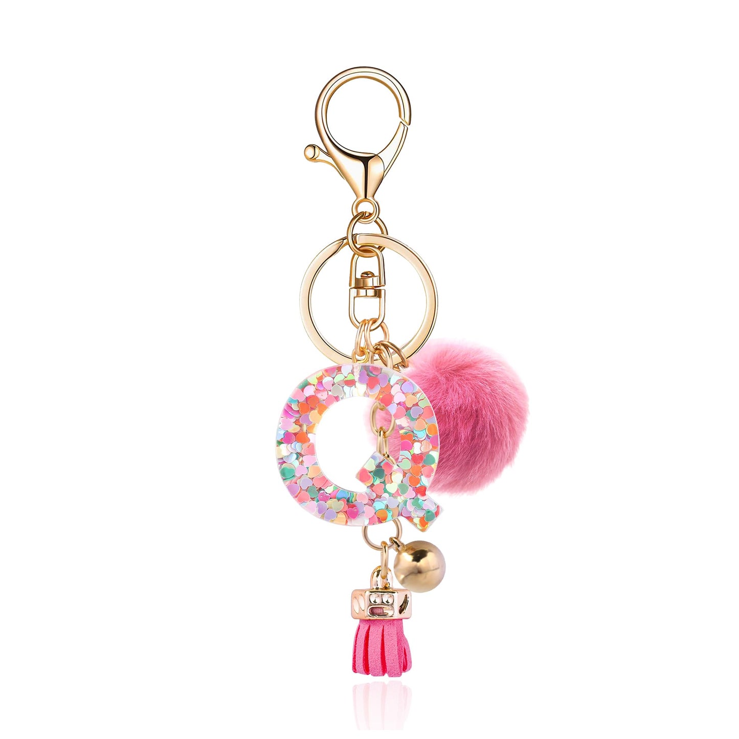 Resin Alphabet Initial Letter Keychain Keyring for Women Purse Handbags With Fur Ball Pom