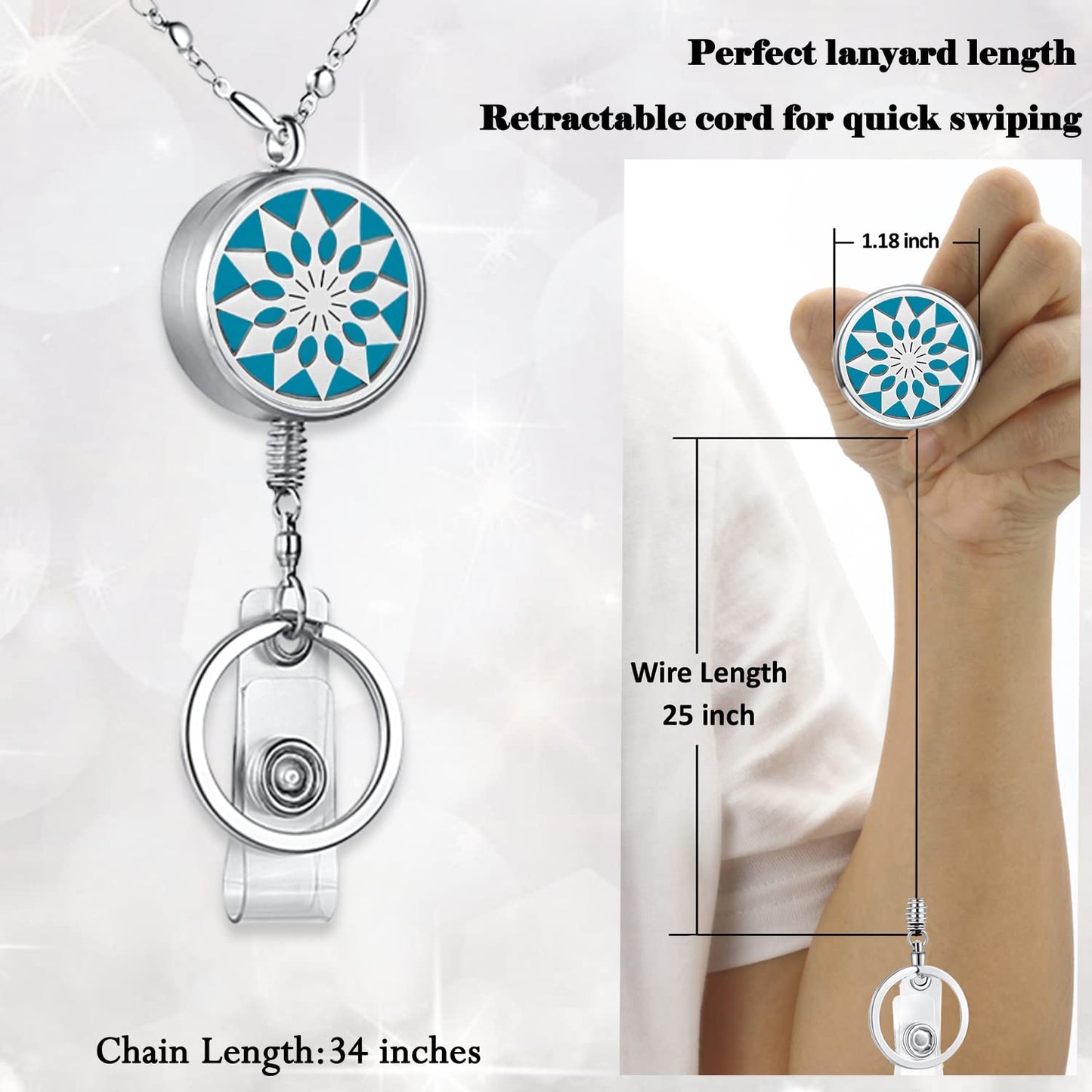 Lanyards for ID Badges Keys Women Cute Teacher Lanyard ID Holder Necklace Silver Chain Fashion Strong Keychain Diffuser Office School Work Jewelry Nurse Teacher Appreciation Gifts Mandala