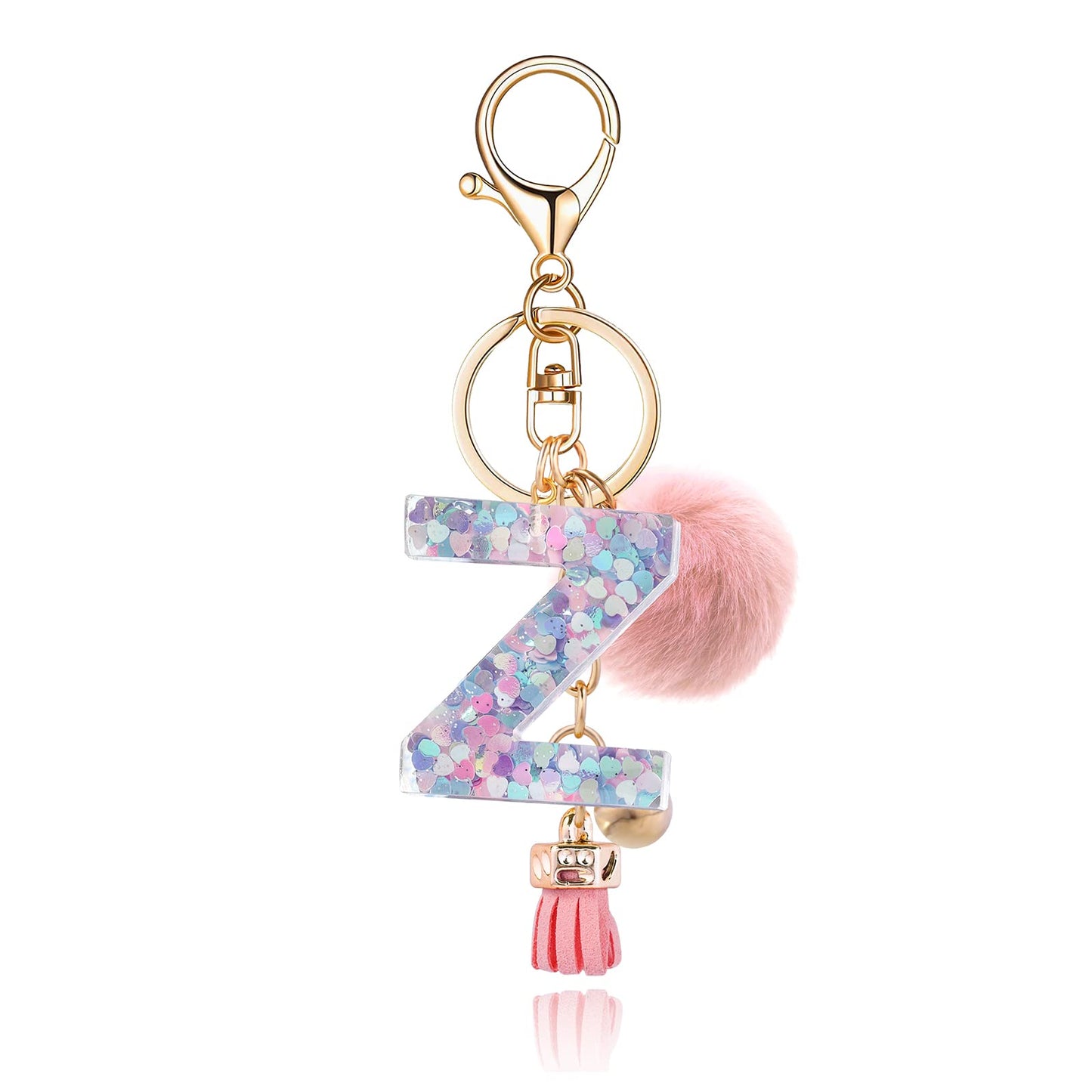 Resin Alphabet Initial Letter Keychain Keyring for Women Purse Handbags With Fur Ball Pom