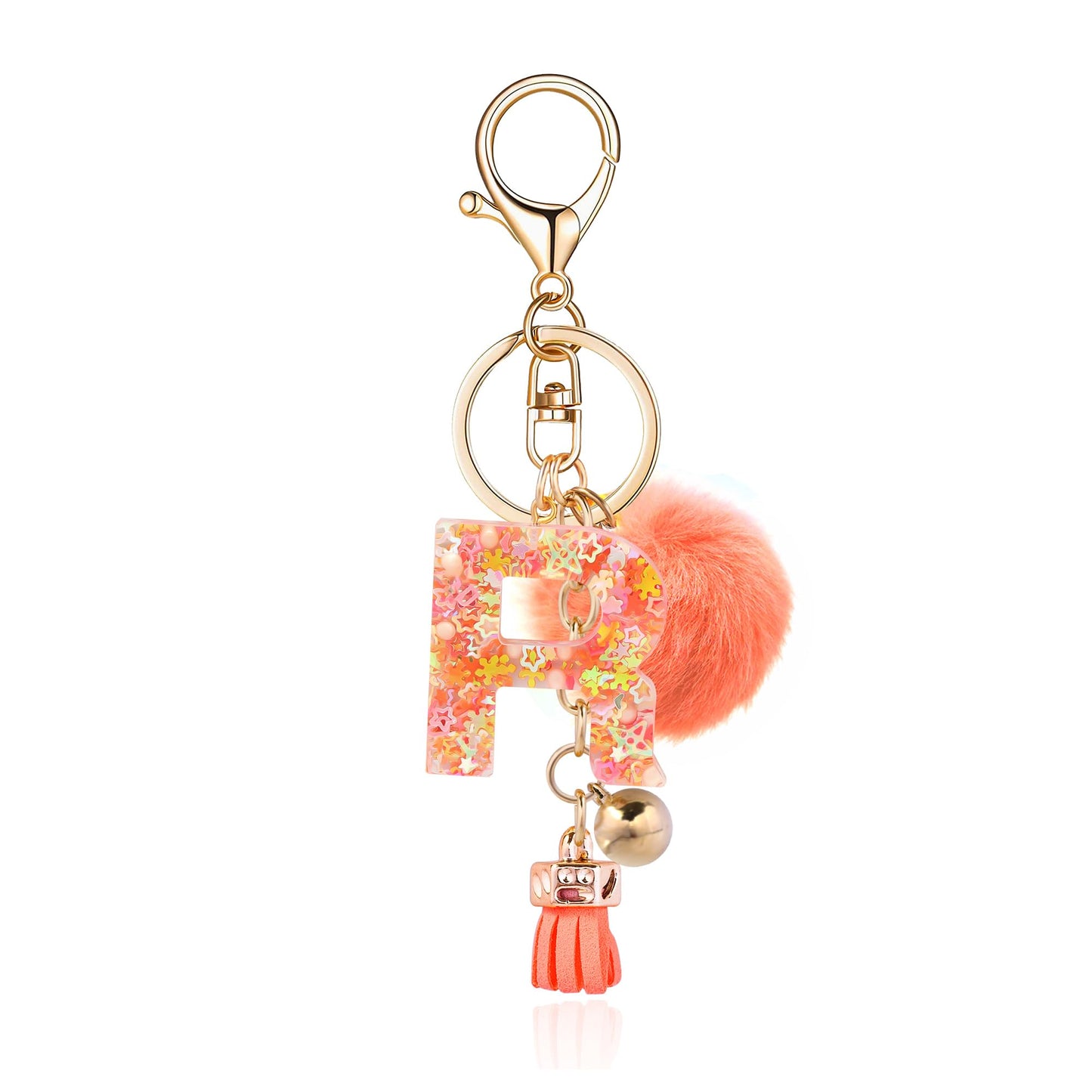 Resin Alphabet Initial Letter Keychain Keyring for Women Purse Handbags With Fur Ball Pom