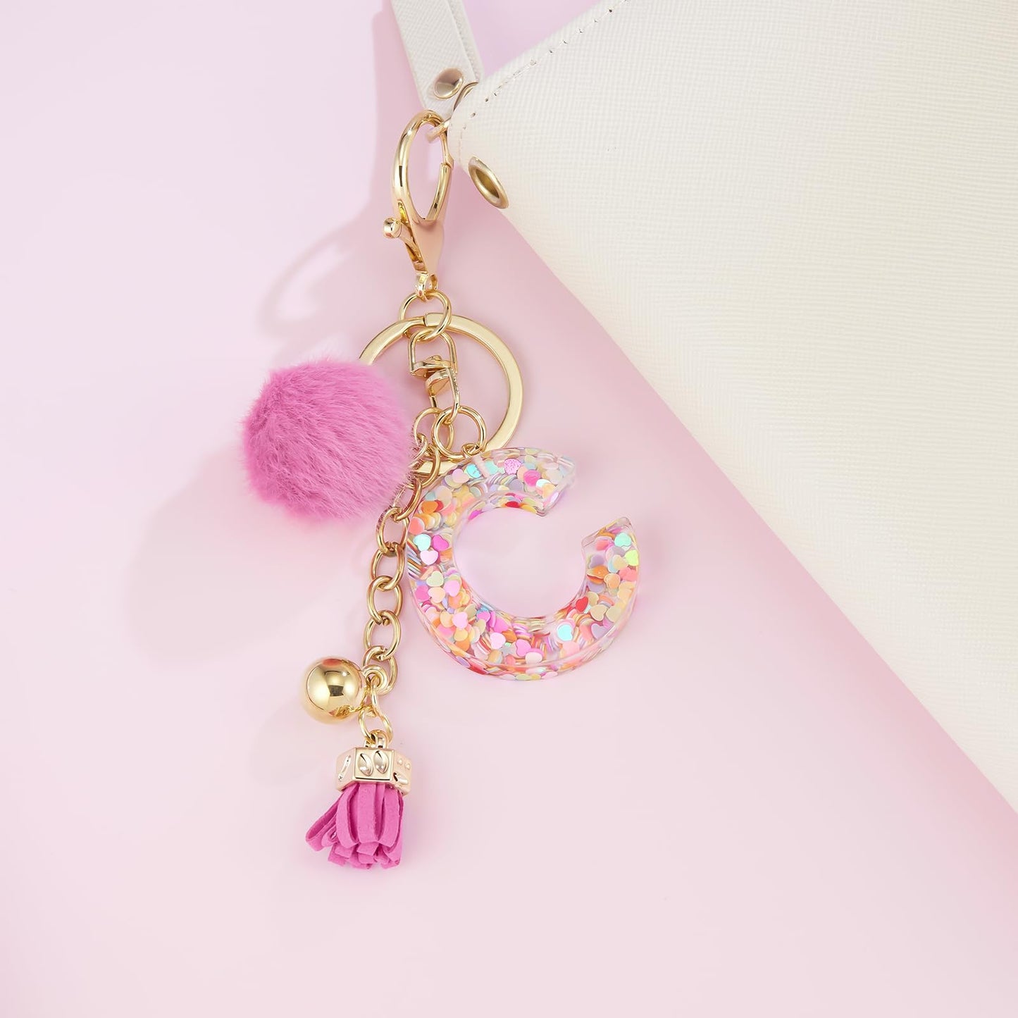 Resin Alphabet Initial Letter Keychain Keyring for Women Purse Handbags With Fur Ball Pom