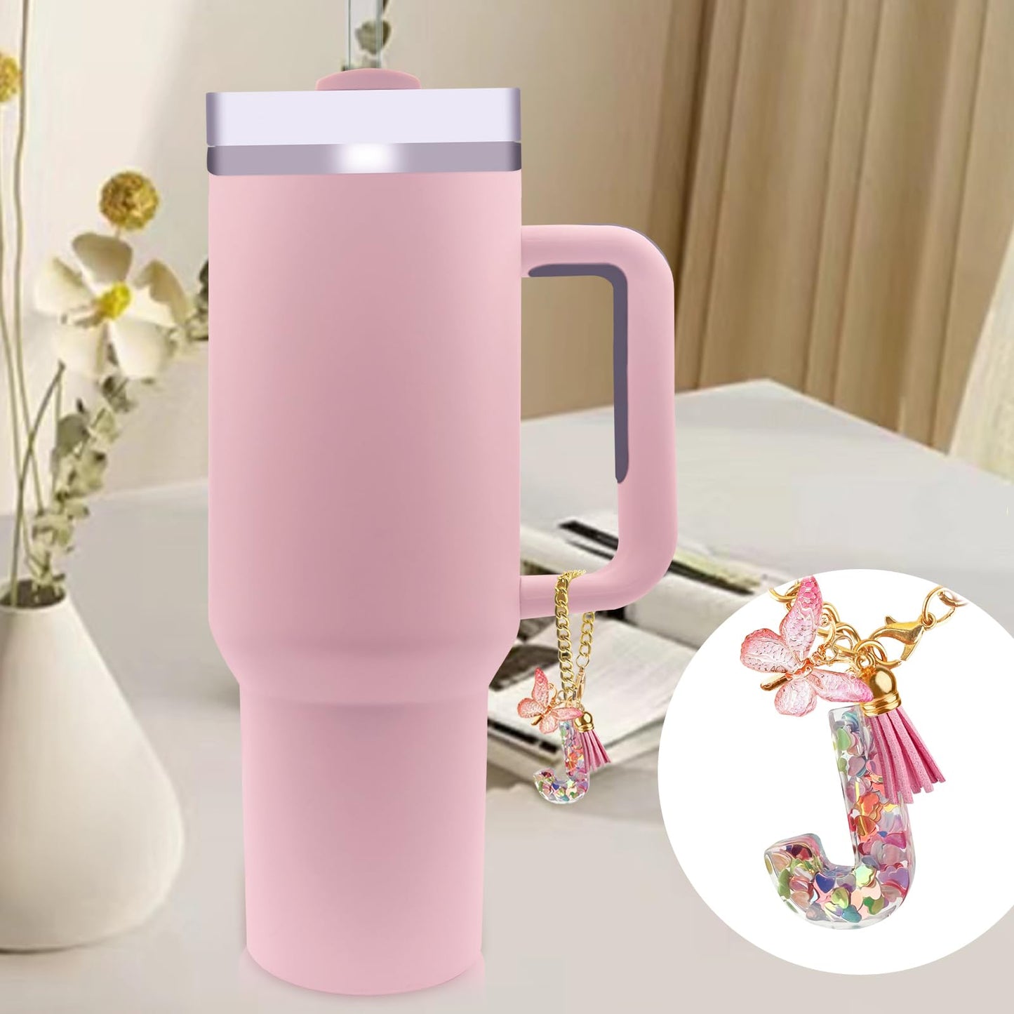 Letter Charm Accessories for Stanley Cup with Handle, Cute Initial Letter A Keychain Handle Charm with Butterfly for Stanley Tumbler for Women Girls
