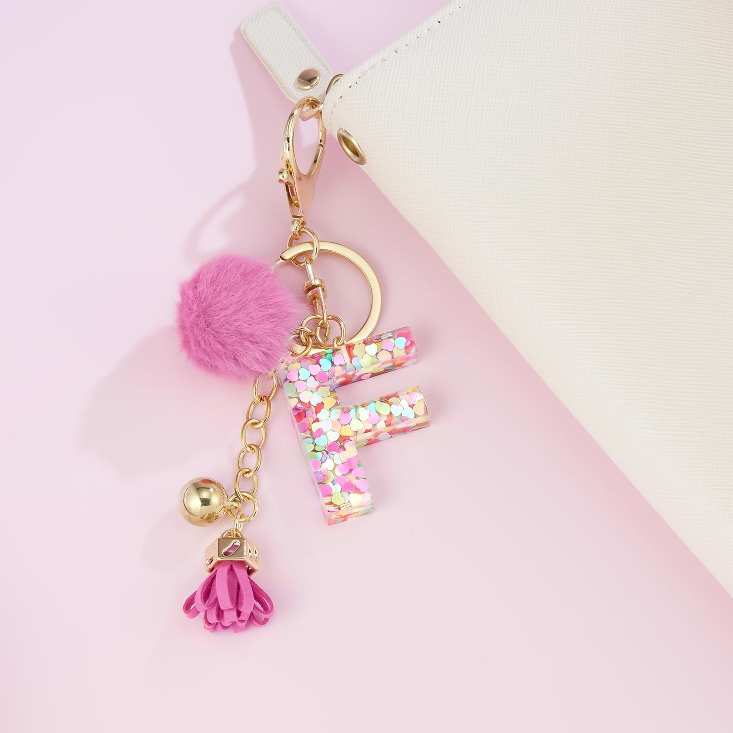 Resin Alphabet Initial Letter Keychain Keyring for Women Purse Handbags With Fur Ball Pom