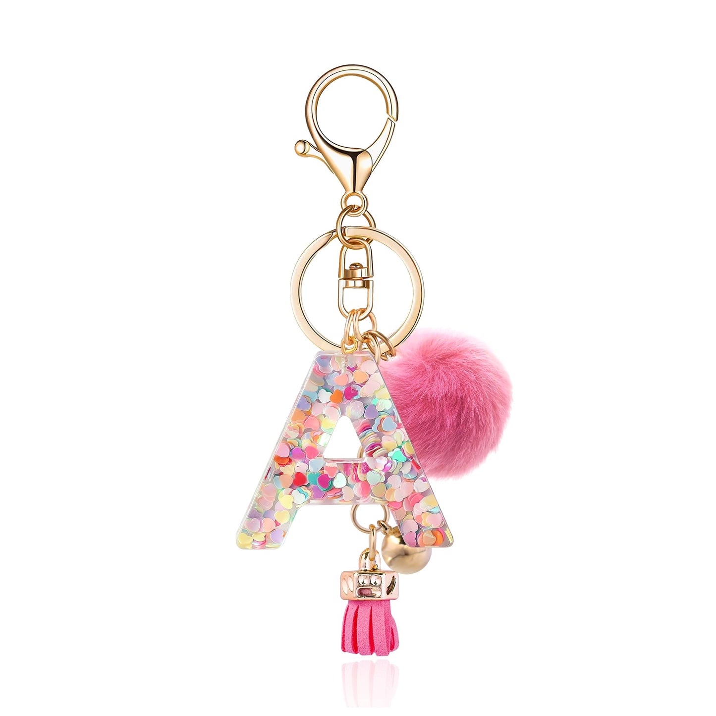 Resin Alphabet Initial Letter Keychain Keyring for Women Purse Handbags With Fur Ball Pom