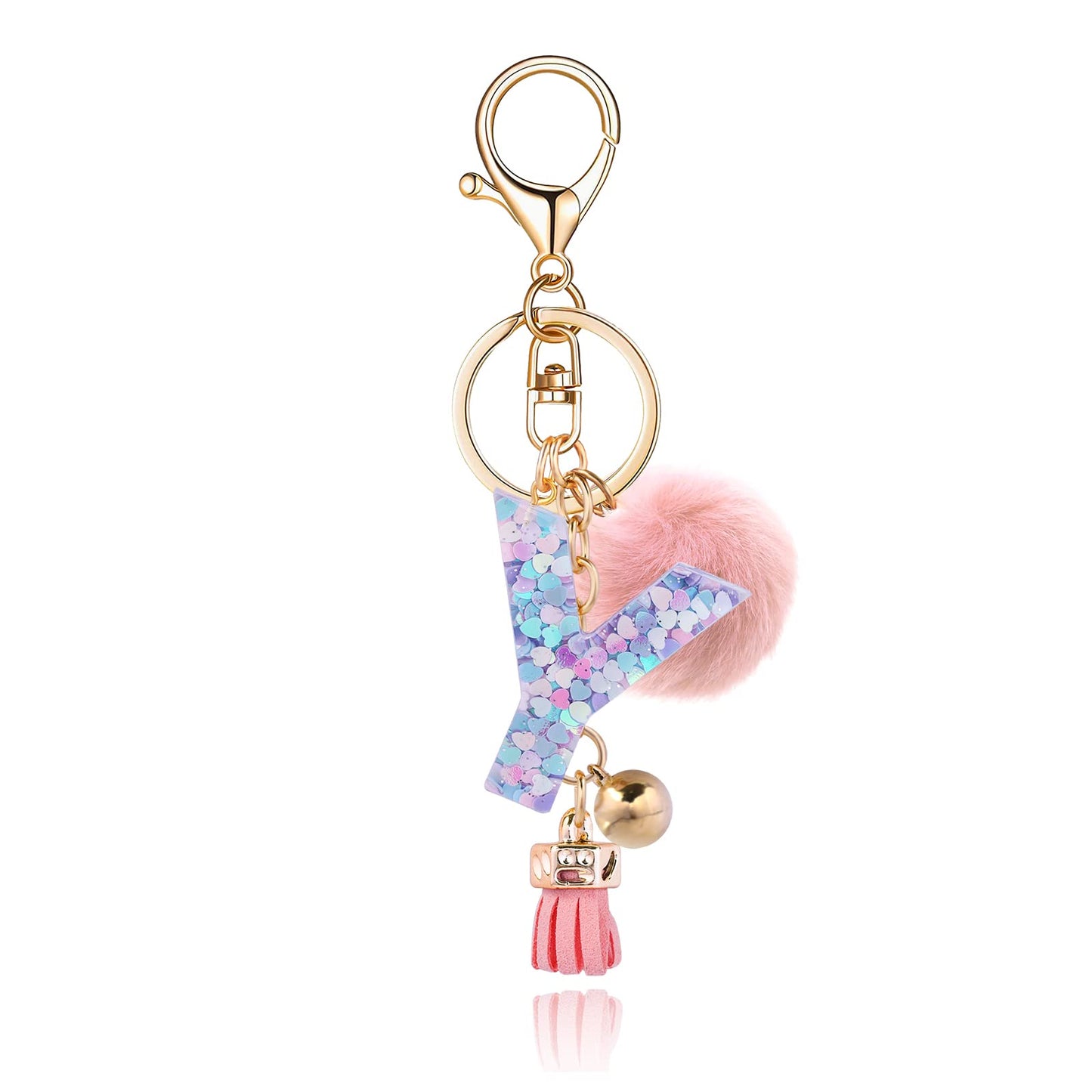 Resin Alphabet Initial Letter Keychain Keyring for Women Purse Handbags With Fur Ball Pom