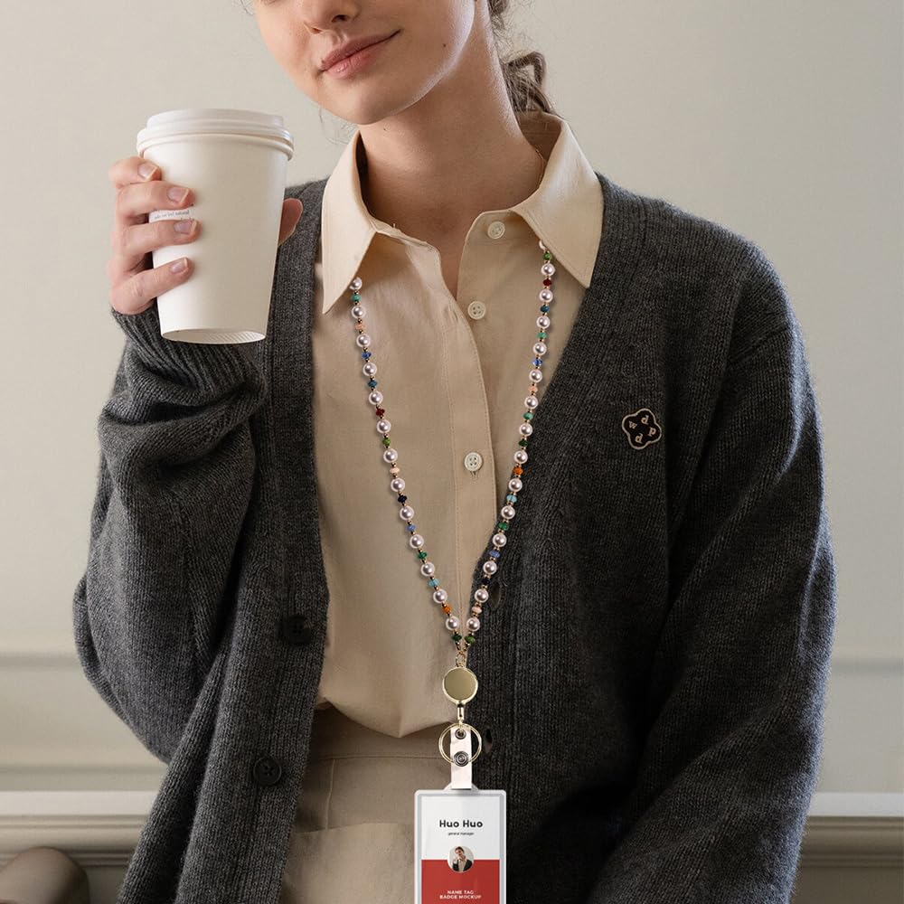 Retractable Pearl ID Badges and Key Lanyards, Natural Crystal Handmade Beaded Teacher Women's Lanyards