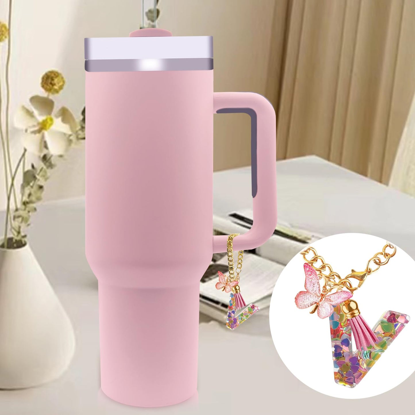 Letter Charm Accessories for Stanley Cup with Handle, Cute Initial Letter A Keychain Handle Charm with Butterfly for Stanley Tumbler for Women Girls