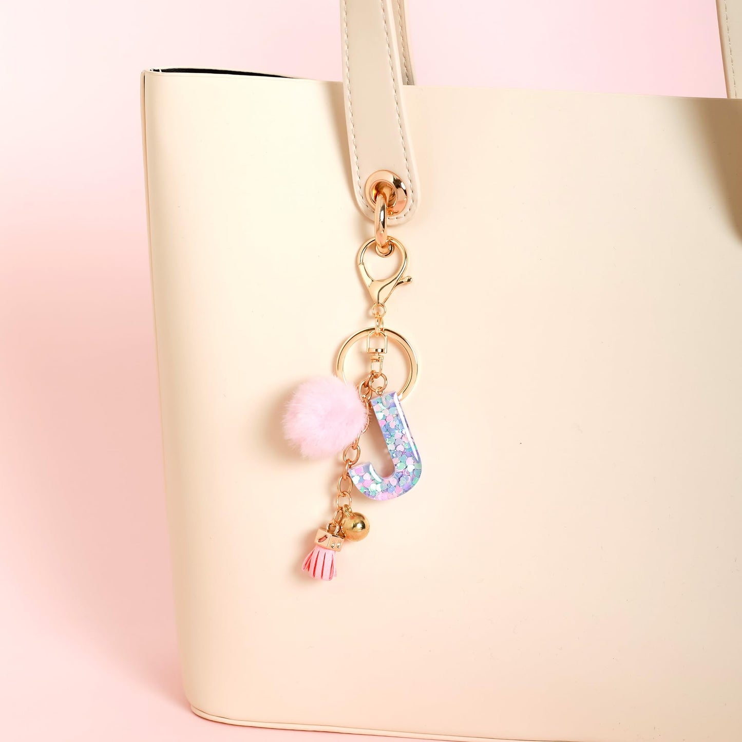 Resin Alphabet Initial Letter Keychain Keyring for Women Purse Handbags With Fur Ball Pom
