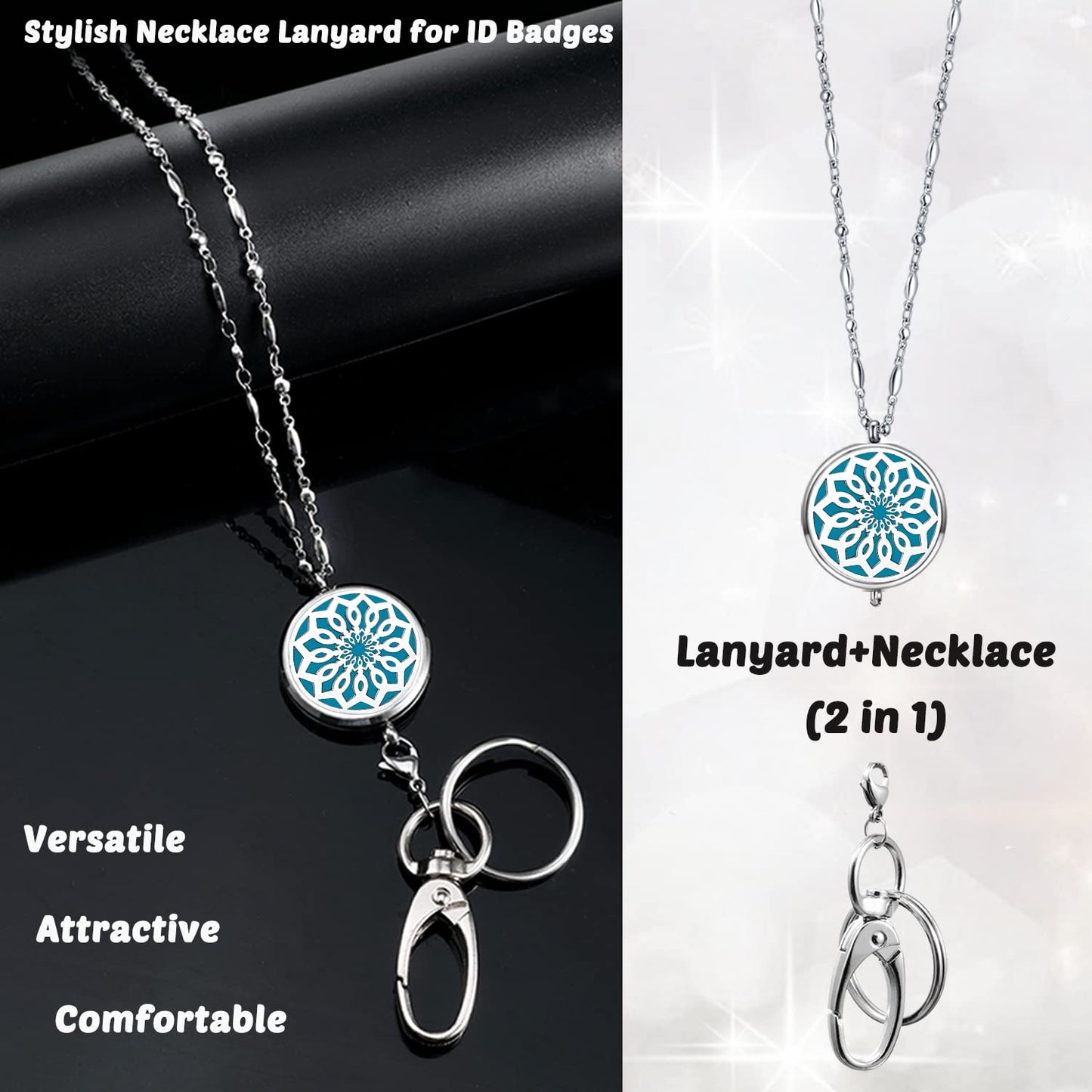 Lanyards for ID Badges Keys Women Cute Teacher Lanyard ID Holder Necklace Silver Chain Fashion Strong Keychain Diffuser Office School Work Jewelry Nurse Teacher Appreciation Gifts Mandala