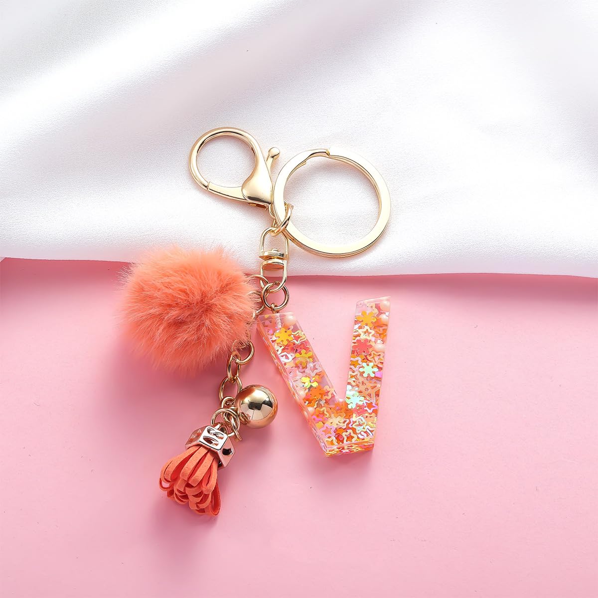 Resin Alphabet Initial Letter Keychain Keyring for Women Purse Handbags With Fur Ball Pom