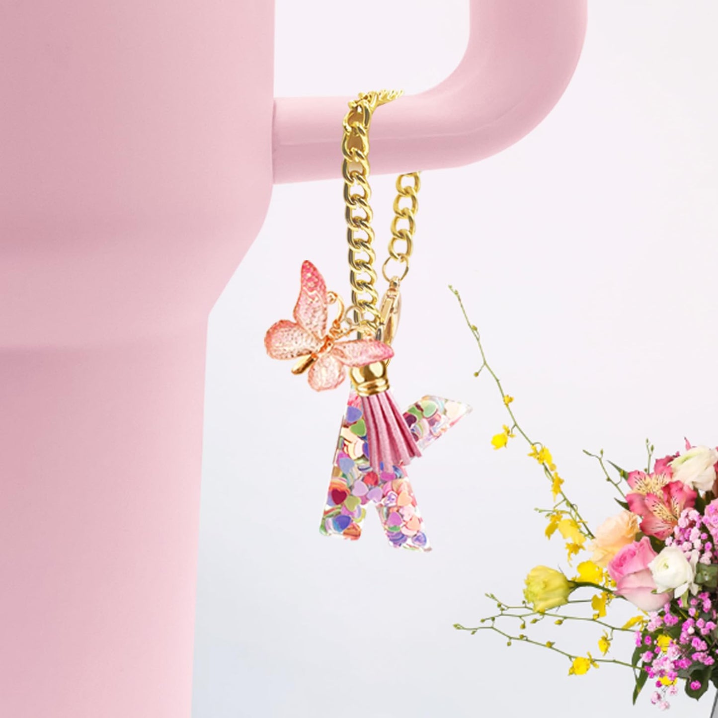 Letter Charm Accessories for Stanley Cup with Handle, Cute Initial Letter A Keychain Handle Charm with Butterfly for Stanley Tumbler for Women Girls