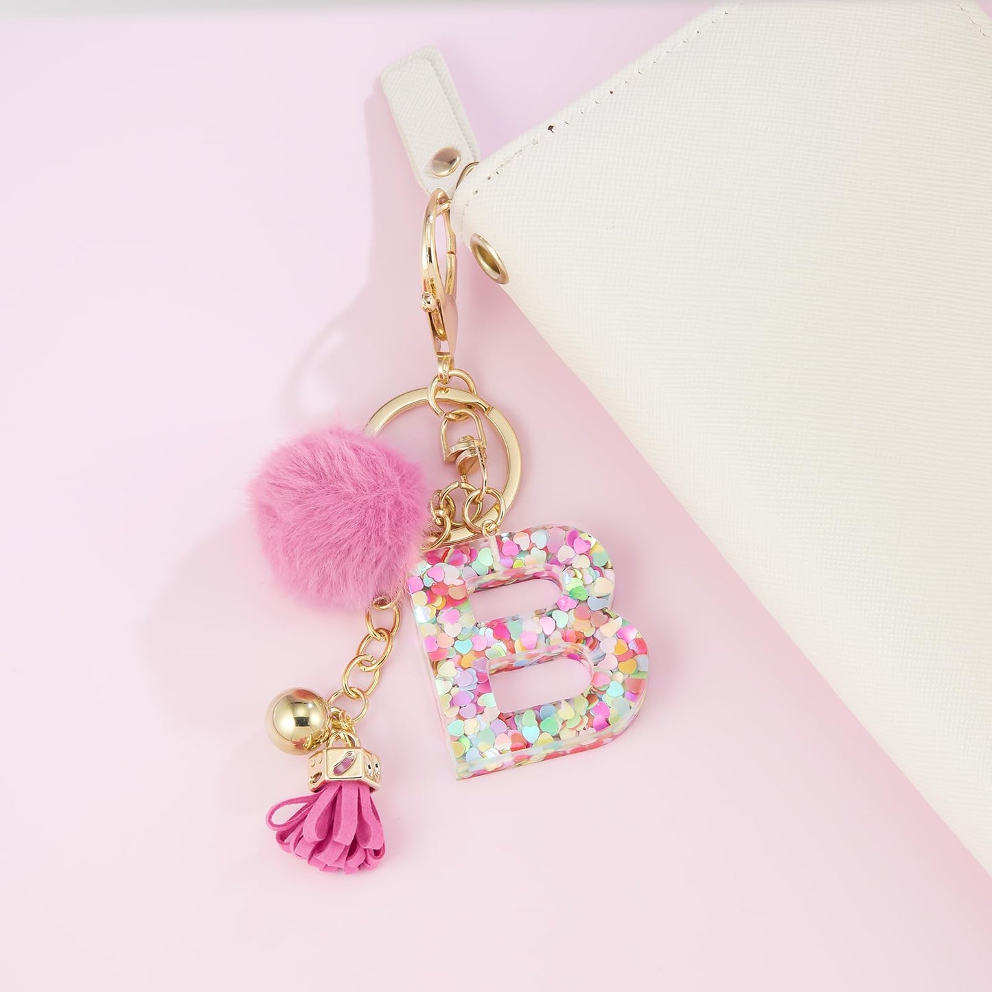 Resin Alphabet Initial Letter Keychain Keyring for Women Purse Handbags With Fur Ball Pom