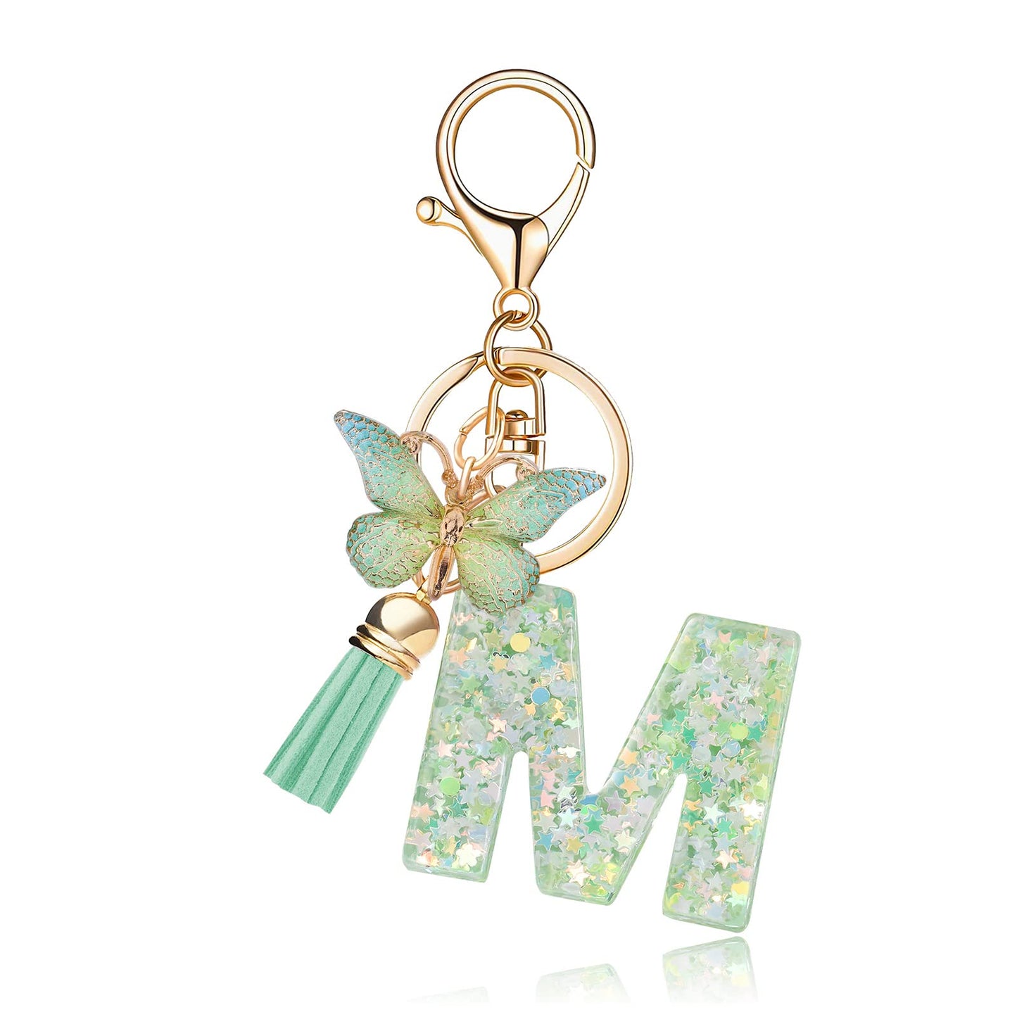 Fashion Alphabet Initial Letter Keychain Tassel Butterfly Pendant Key Ring for Purse Handbags Women Girl