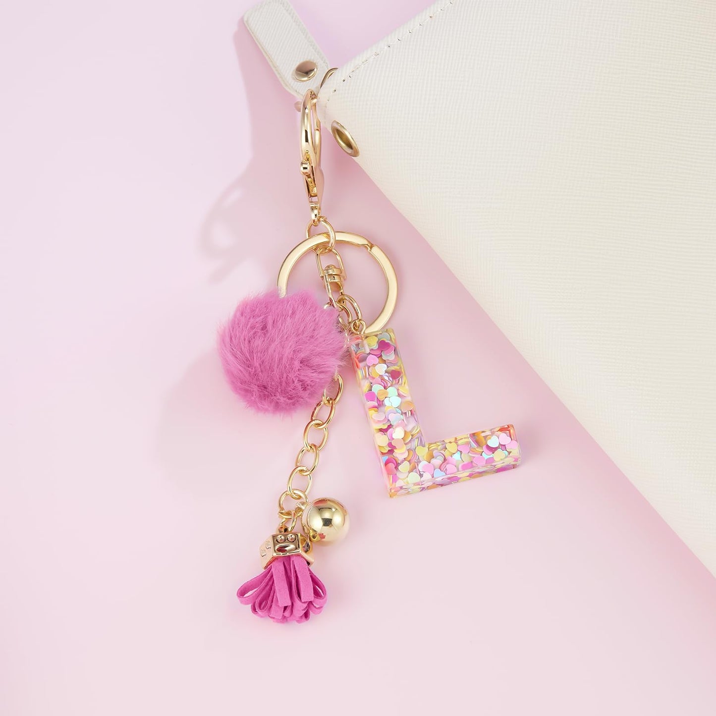 Resin Alphabet Initial Letter Keychain Keyring for Women Purse Handbags With Fur Ball Pom
