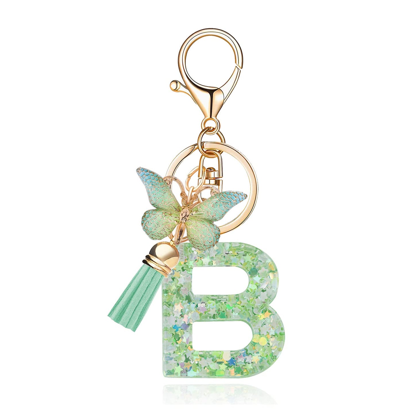 Fashion Alphabet Initial Letter Keychain Tassel Butterfly Pendant Key Ring for Purse Handbags Women Girl