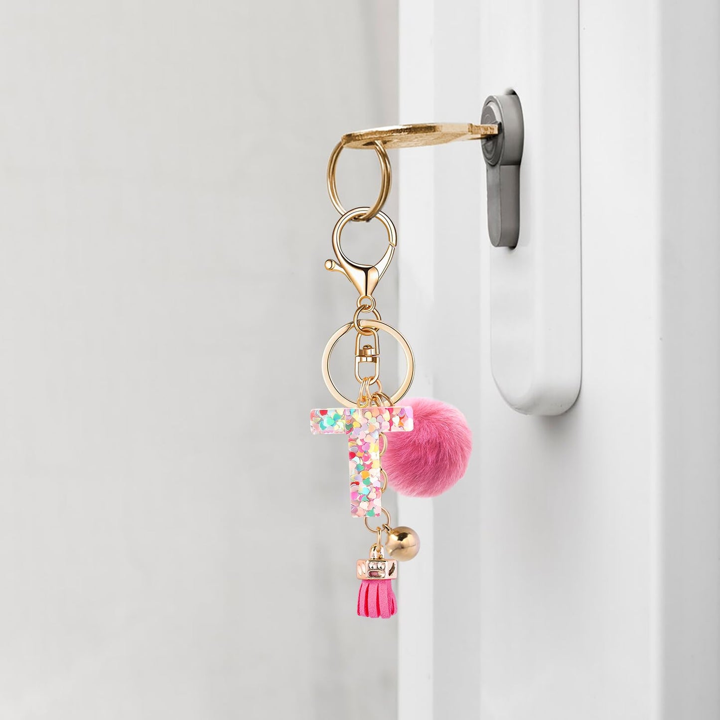 Resin Alphabet Initial Letter Keychain Keyring for Women Purse Handbags With Fur Ball Pom