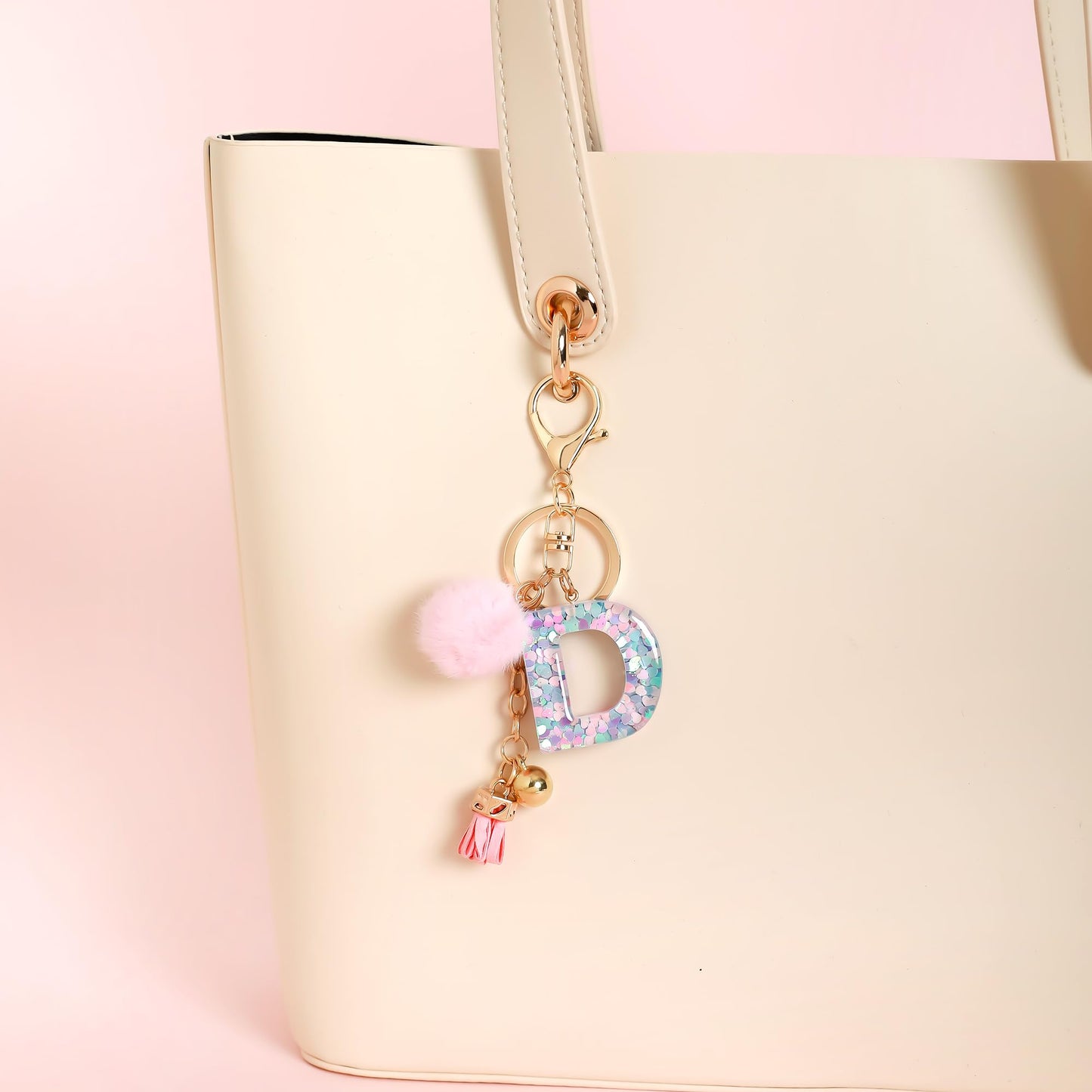 Resin Alphabet Initial Letter Keychain Keyring for Women Purse Handbags With Fur Ball Pom