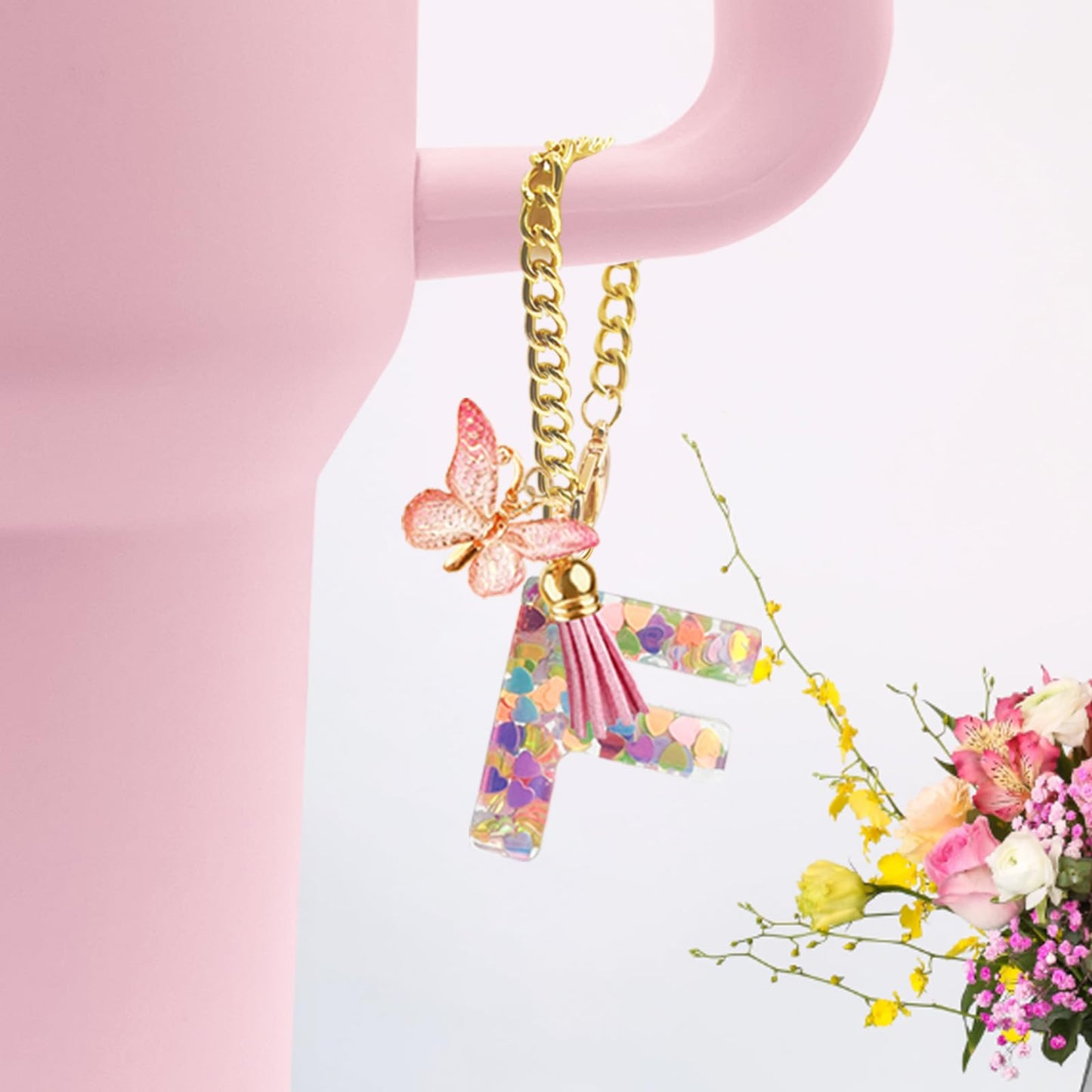 Letter Charm Accessories for Stanley Cup with Handle, Cute Initial Letter A Keychain Handle Charm with Butterfly for Stanley Tumbler for Women Girls