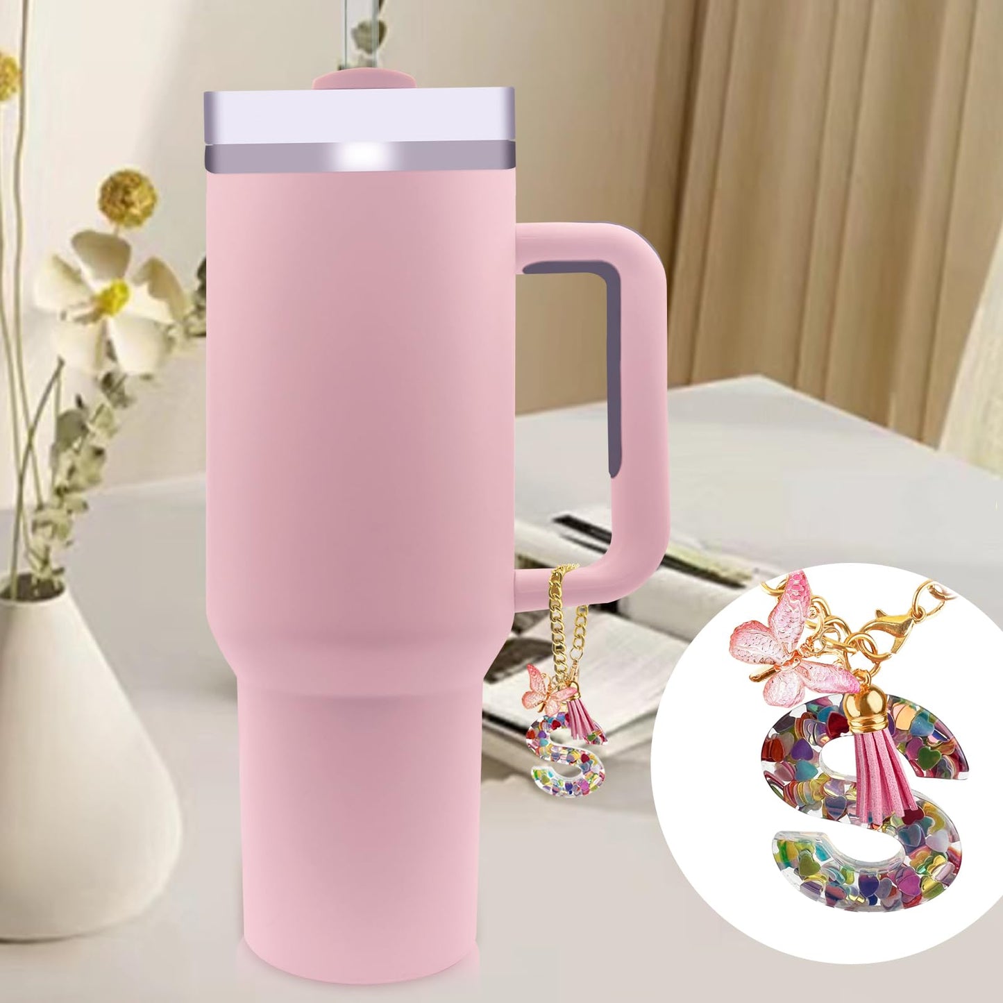Letter Charm Accessories for Stanley Cup with Handle, Cute Initial Letter A Keychain Handle Charm with Butterfly for Stanley Tumbler for Women Girls