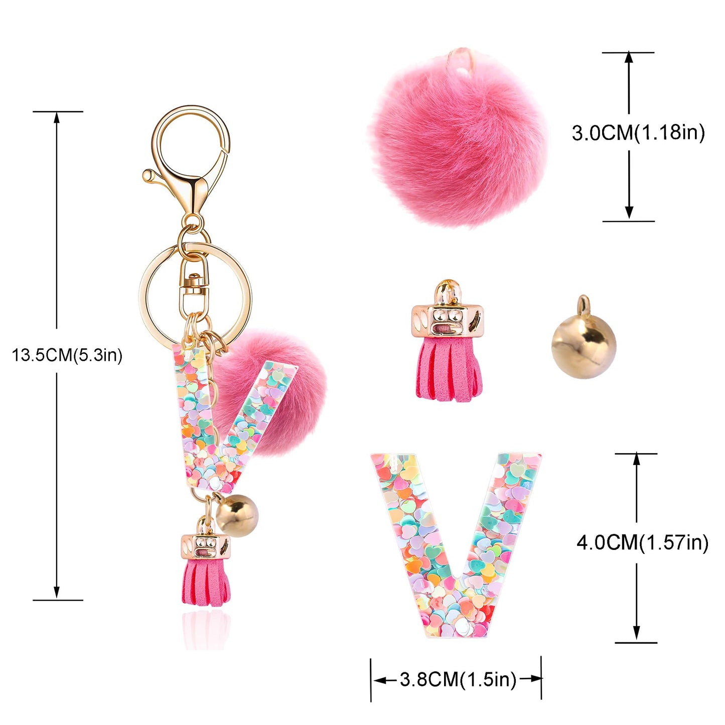Resin Alphabet Initial Letter Keychain Keyring for Women Purse Handbags With Fur Ball Pom