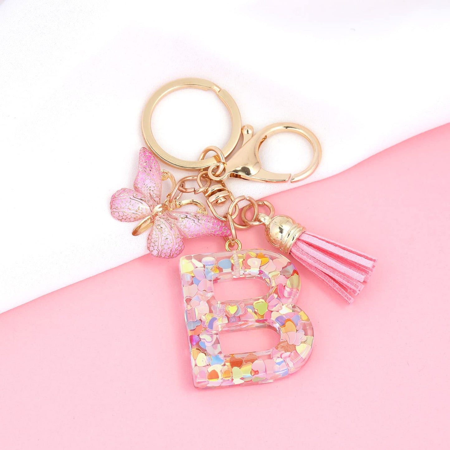 Fashion Alphabet Initial Letter Keychain Tassel Butterfly Pendant Key Ring for Purse Handbags Women Girl