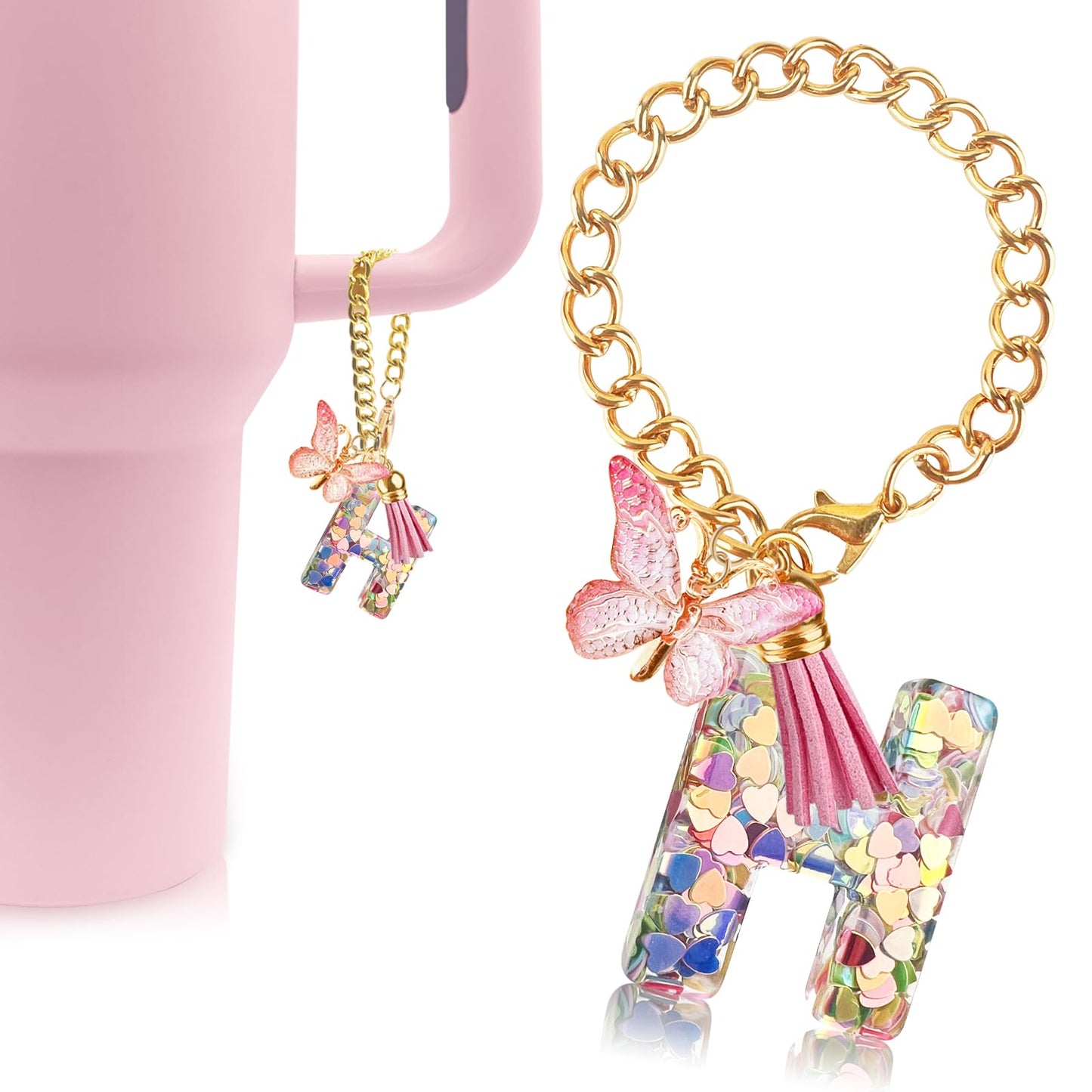 Letter Charm Accessories for Stanley Cup with Handle, Cute Initial Letter A Keychain Handle Charm with Butterfly for Stanley Tumbler for Women Girls