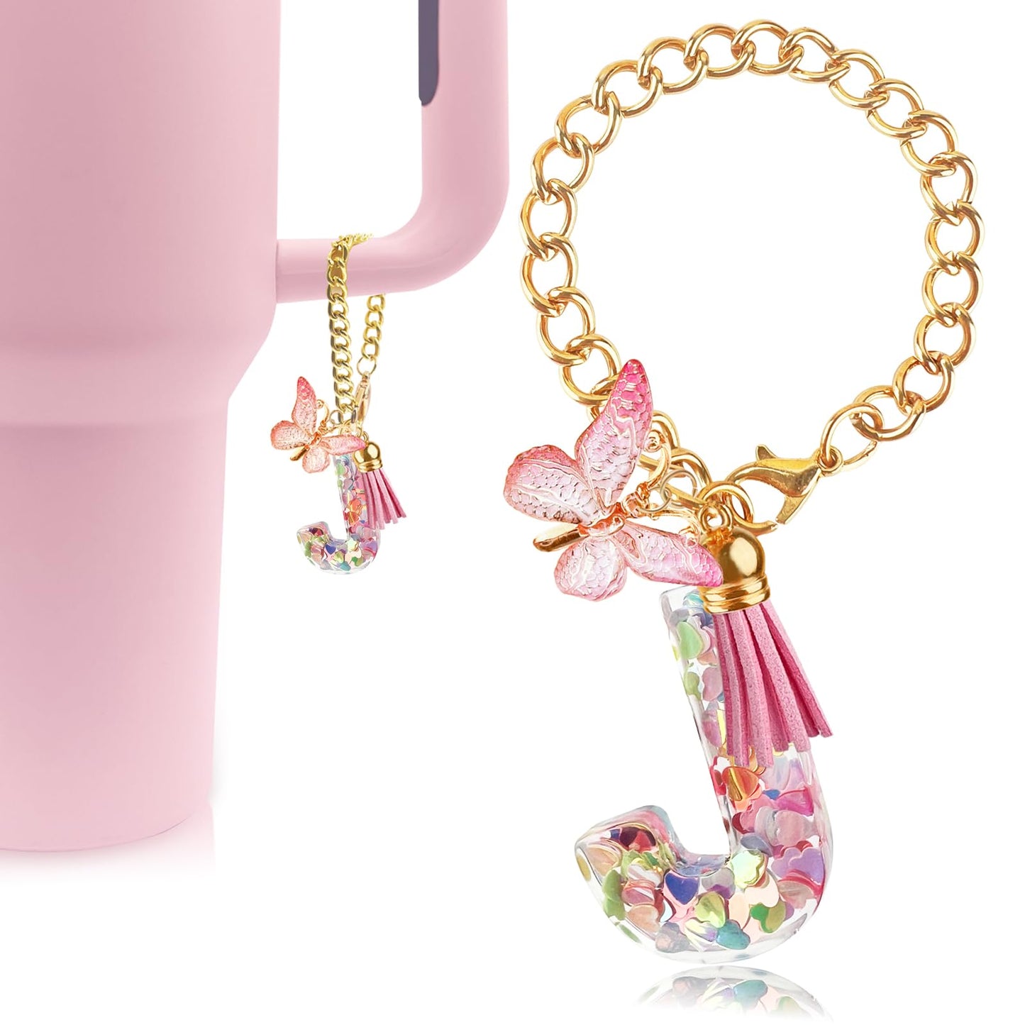Letter Charm Accessories for Stanley Cup with Handle, Cute Initial Letter A Keychain Handle Charm with Butterfly for Stanley Tumbler for Women Girls