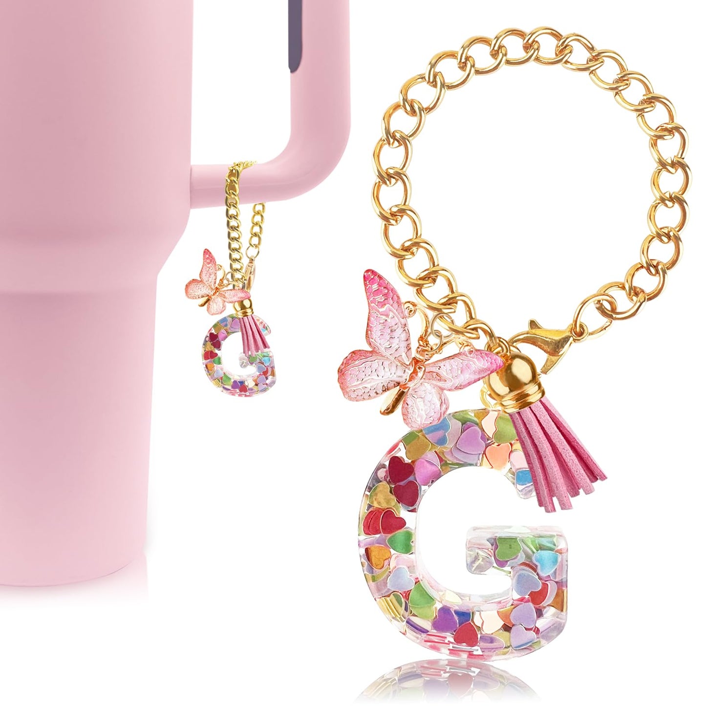 Letter Charm Accessories for Stanley Cup with Handle, Cute Initial Letter A Keychain Handle Charm with Butterfly for Stanley Tumbler for Women Girls