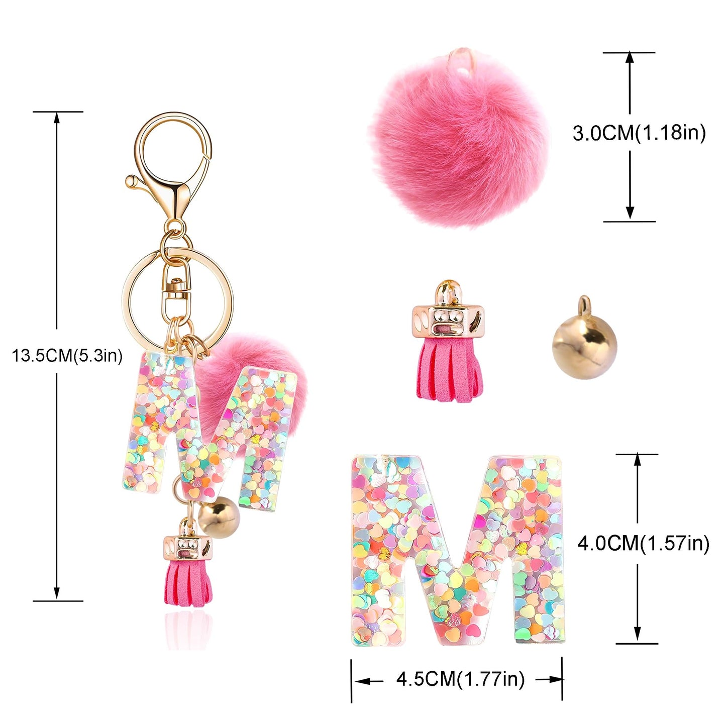 Resin Alphabet Initial Letter Keychain Keyring for Women Purse Handbags With Fur Ball Pom