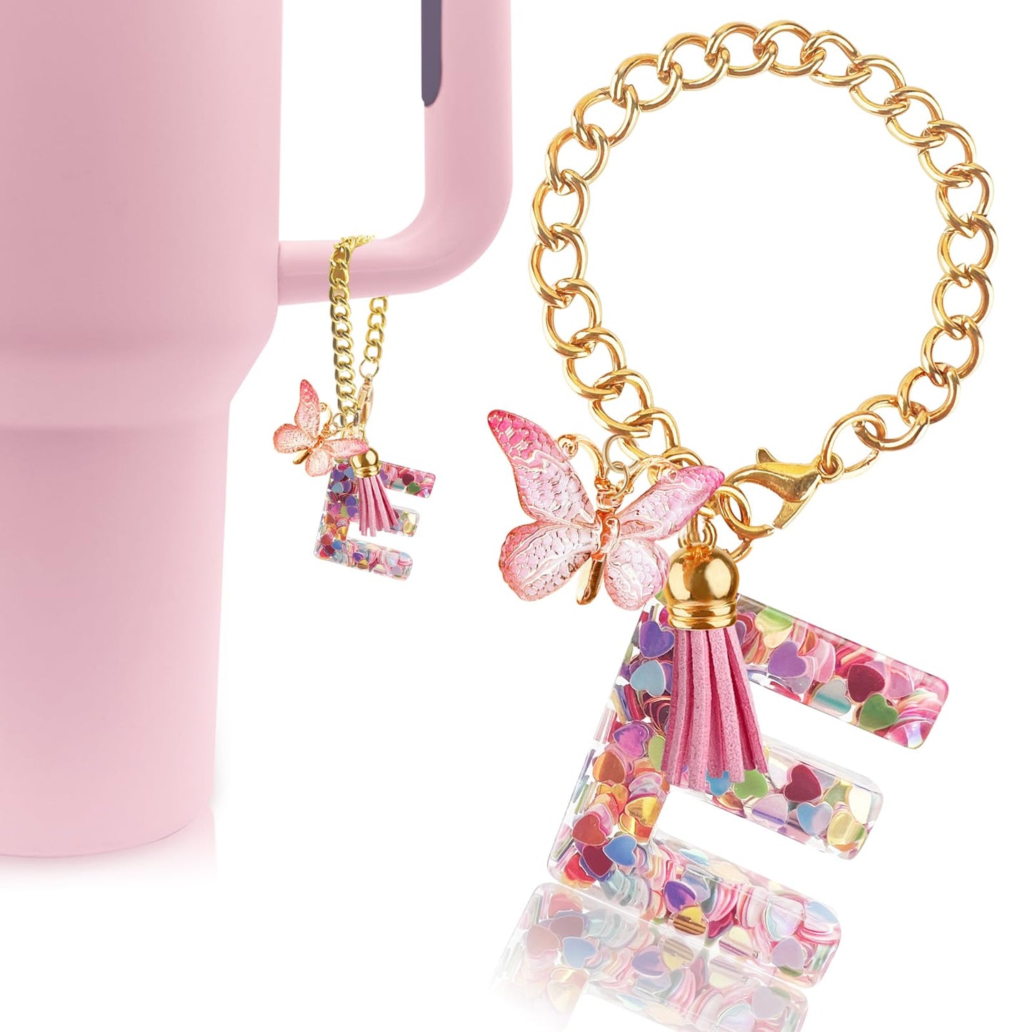 Letter Charm Accessories for Stanley Cup with Handle, Cute Initial Letter A Keychain Handle Charm with Butterfly for Stanley Tumbler for Women Girls