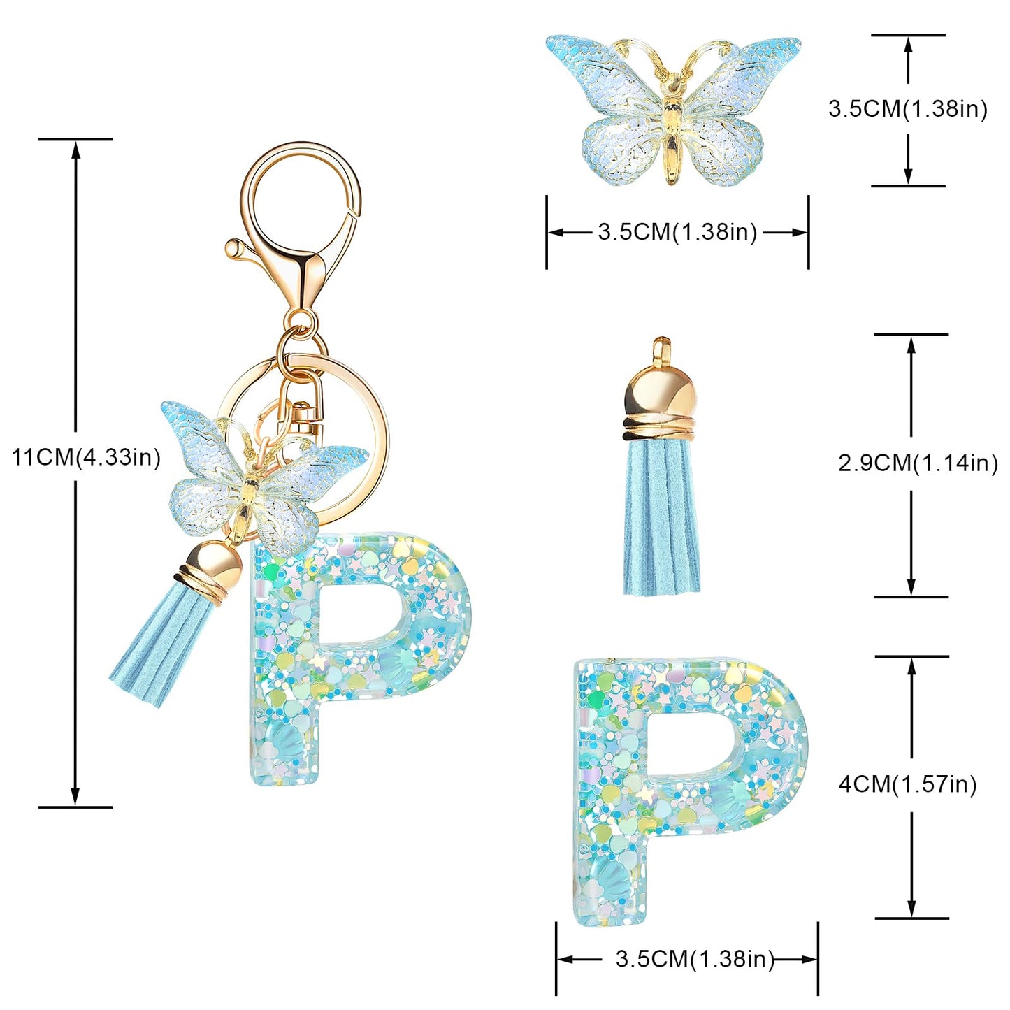 Fashion Alphabet Initial Letter Keychain Tassel Butterfly Pendant Key Ring for Purse Handbags Women Girl