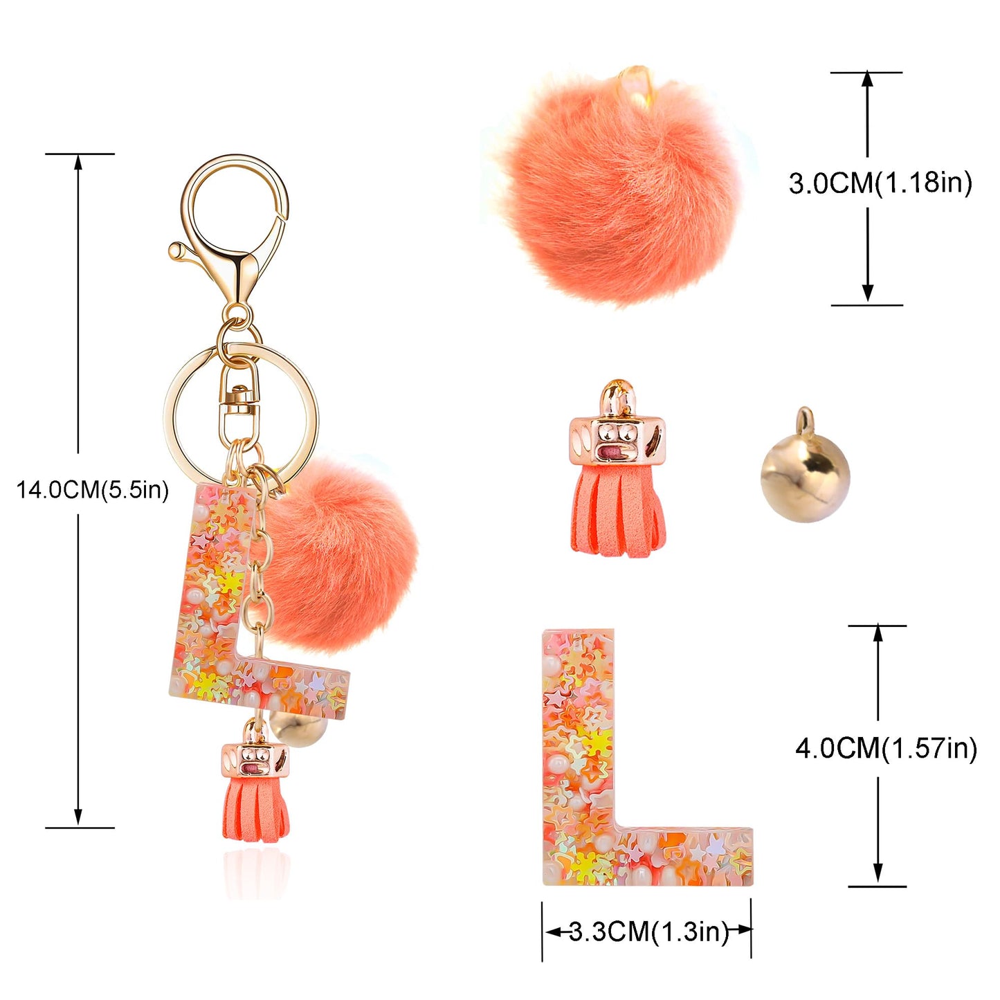 Resin Alphabet Initial Letter Keychain Keyring for Women Purse Handbags With Fur Ball Pom