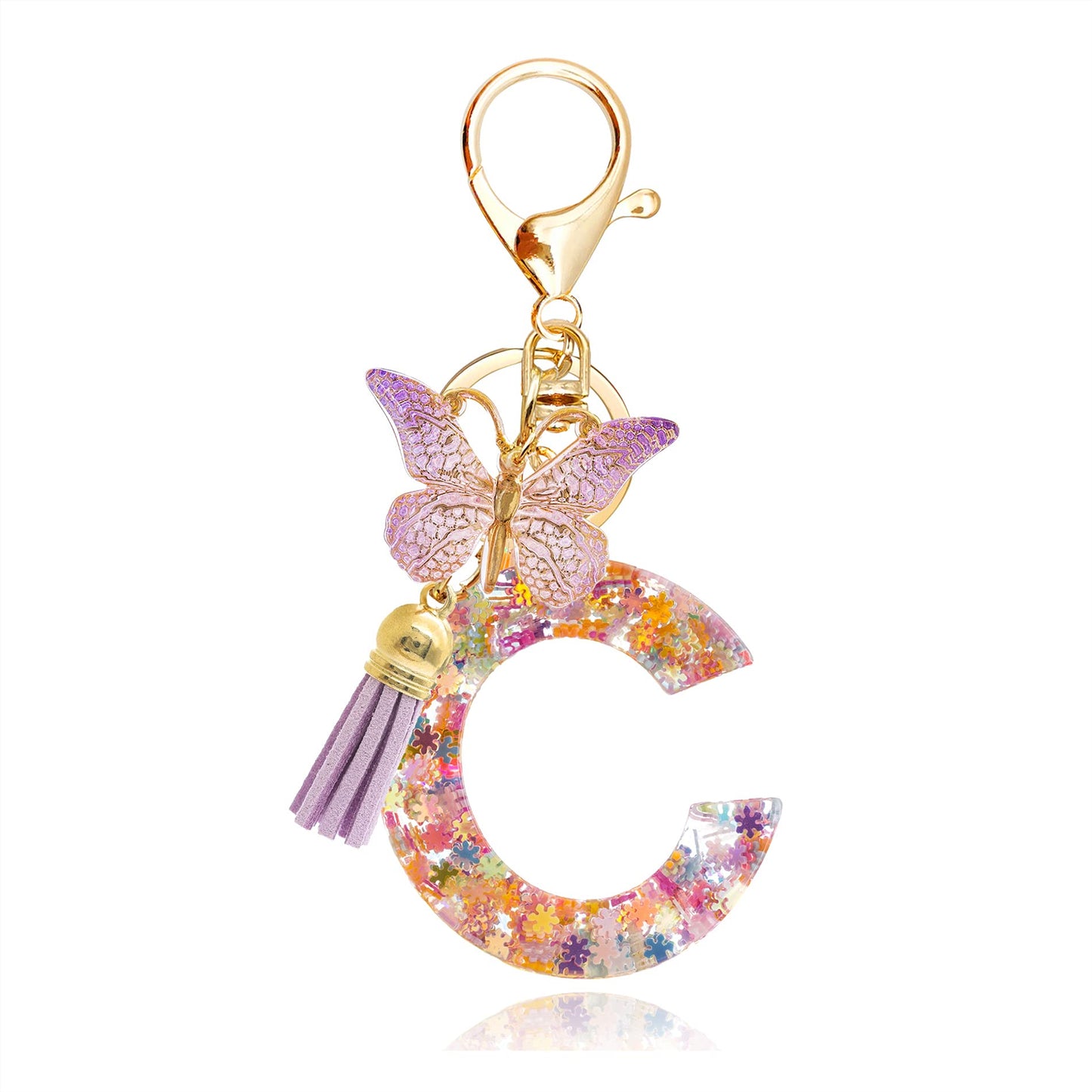 Fashion Alphabet Initial Letter Keychain Tassel Butterfly Pendant Key Ring for Purse Handbags Women Girl