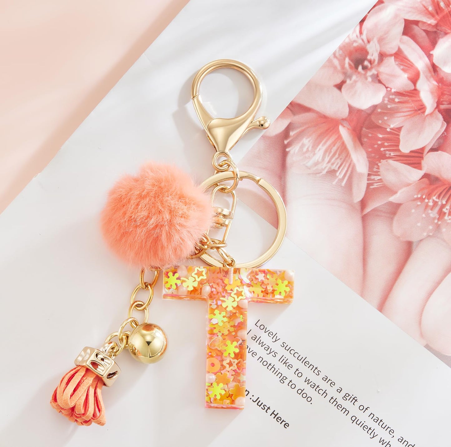 Resin Alphabet Initial Letter Keychain Keyring for Women Purse Handbags With Fur Ball Pom