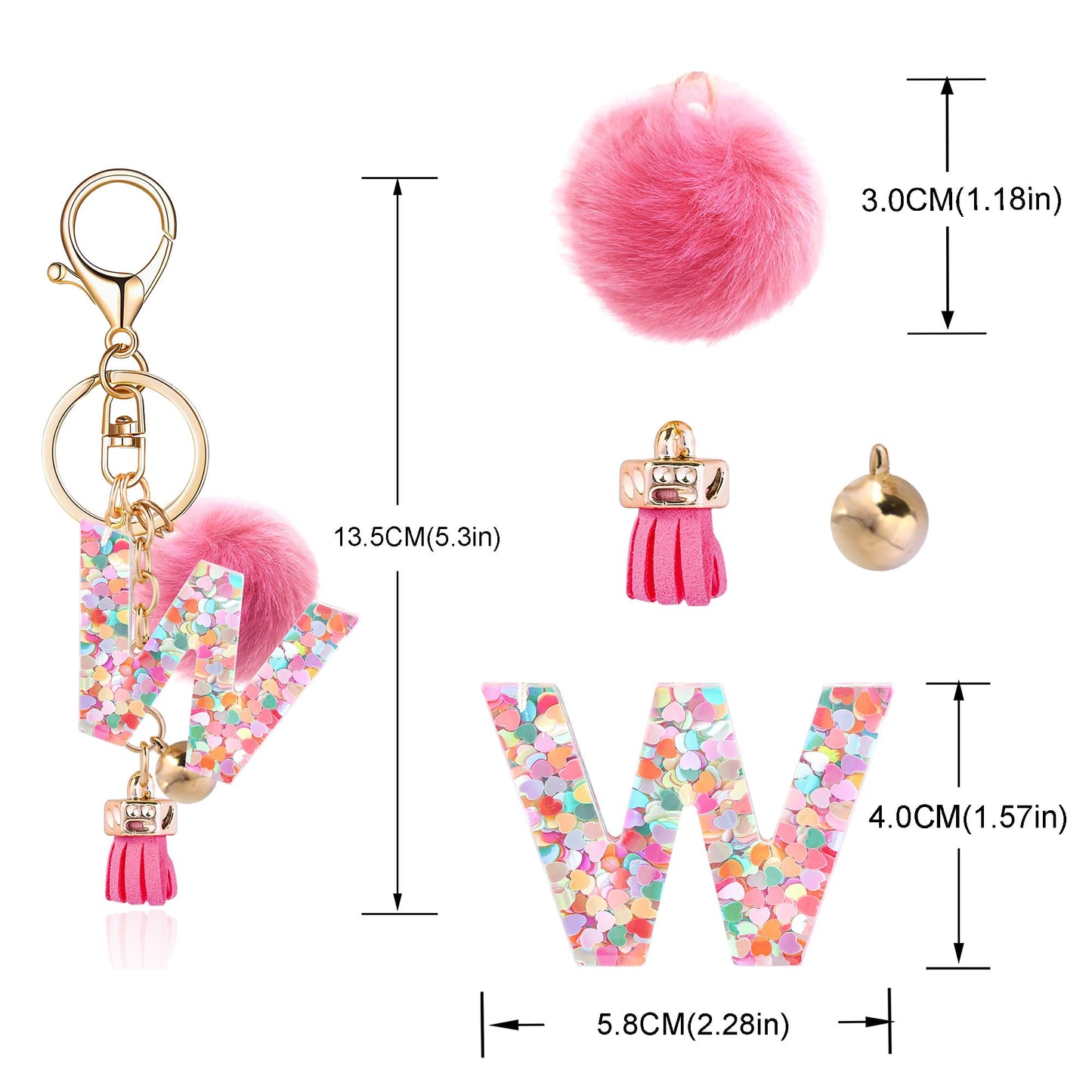 Resin Alphabet Initial Letter Keychain Keyring for Women Purse Handbags With Fur Ball Pom