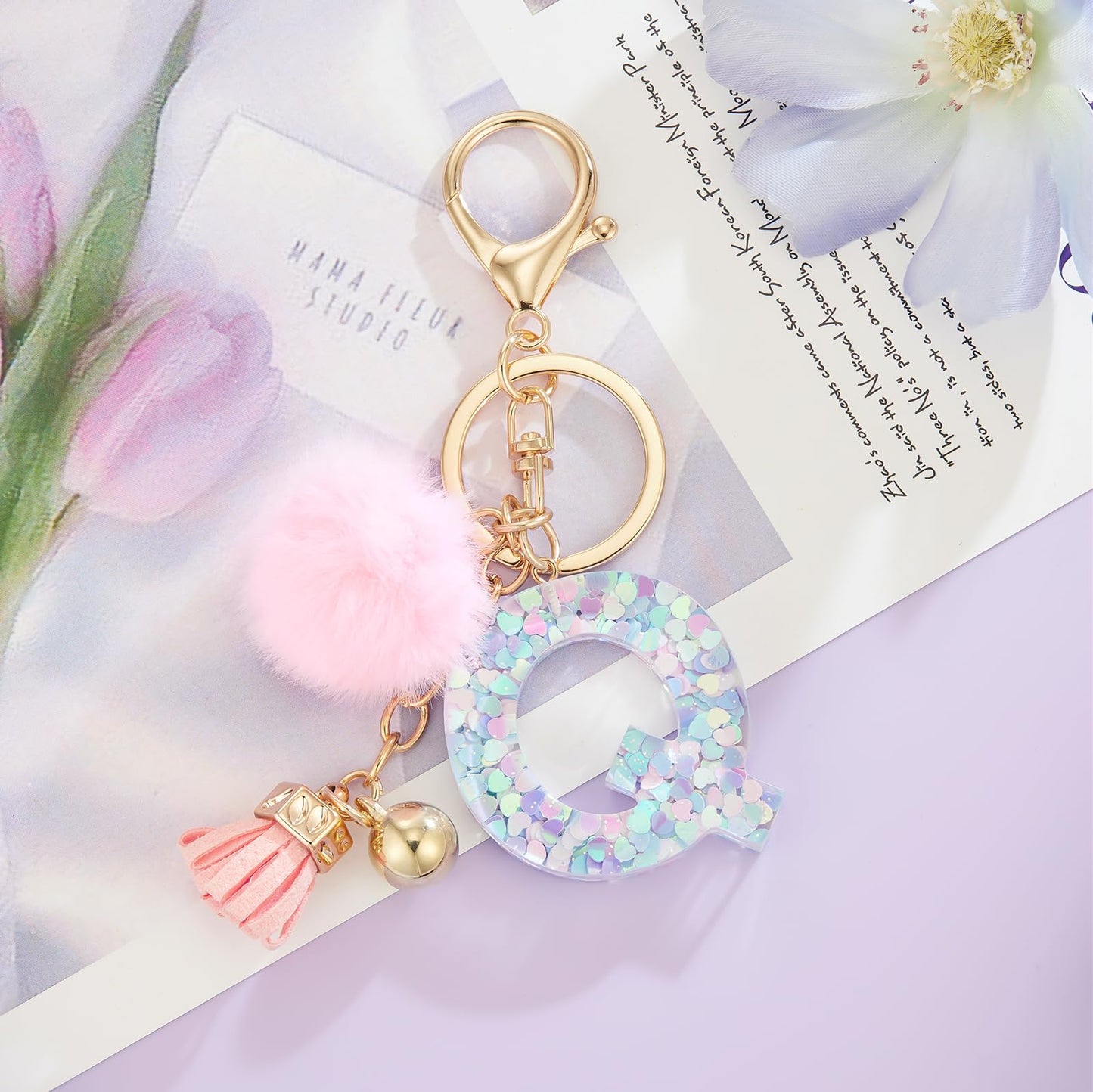 Resin Alphabet Initial Letter Keychain Keyring for Women Purse Handbags With Fur Ball Pom