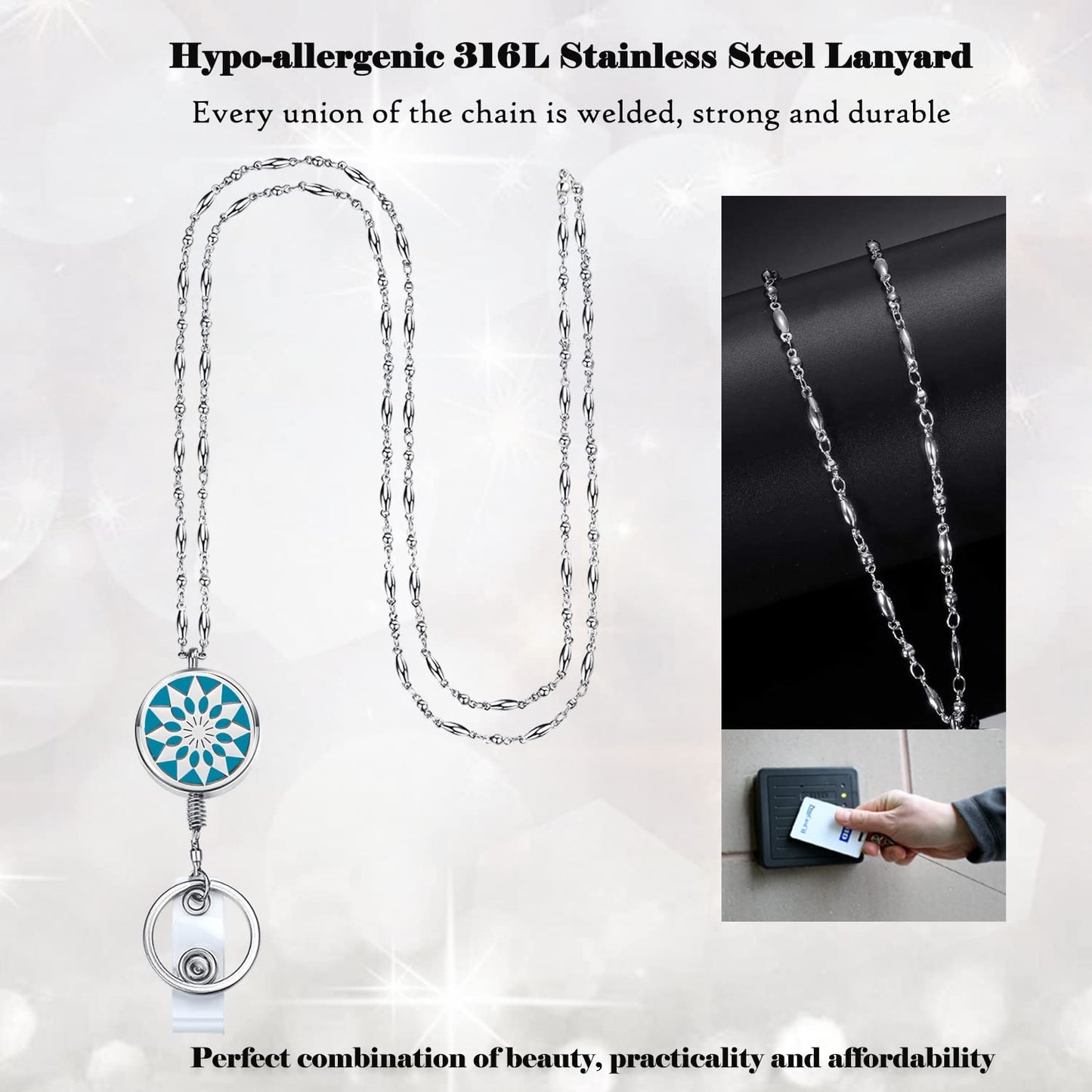 Lanyards for ID Badges Keys Women Cute Teacher Lanyard ID Holder Necklace Silver Chain Fashion Strong Keychain Diffuser Office School Work Jewelry Nurse Teacher Appreciation Gifts Mandala