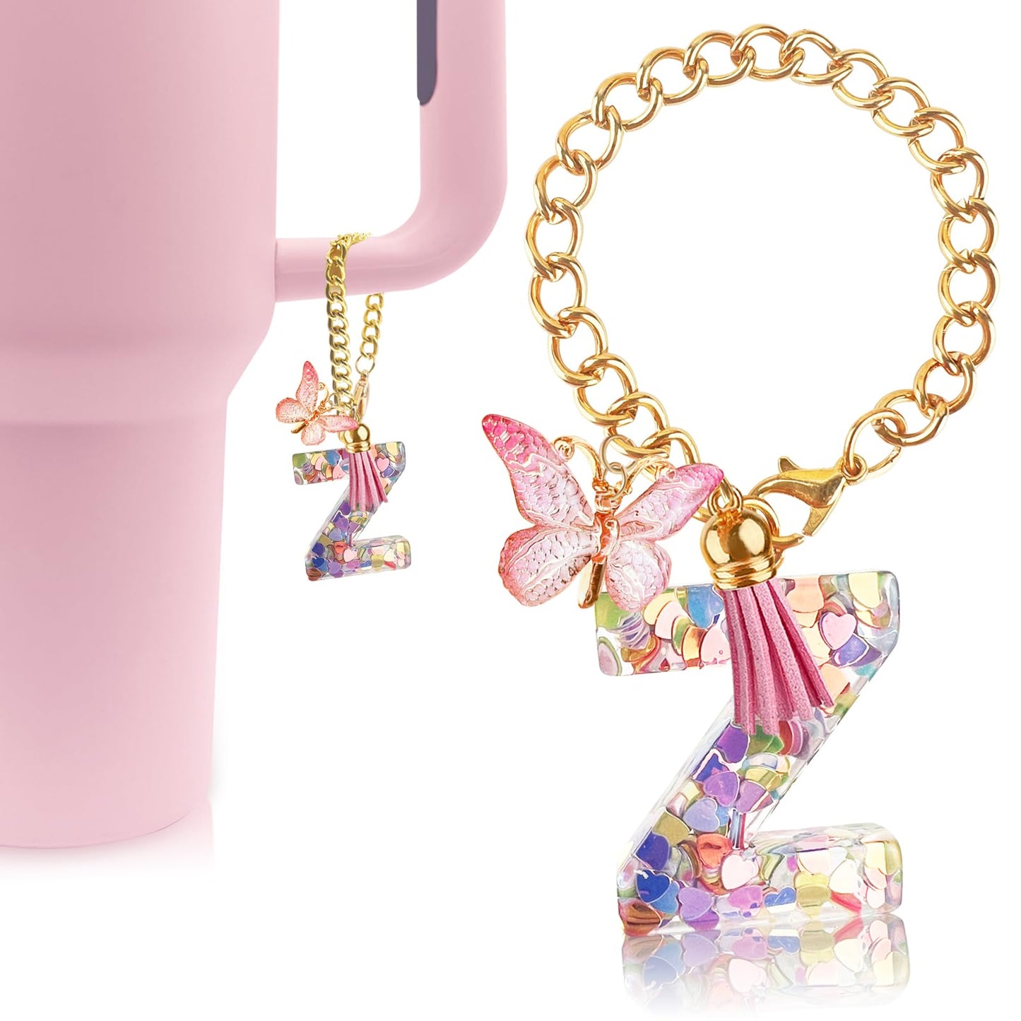 Letter Charm Accessories for Stanley Cup with Handle, Cute Initial Letter A Keychain Handle Charm with Butterfly for Stanley Tumbler for Women Girls