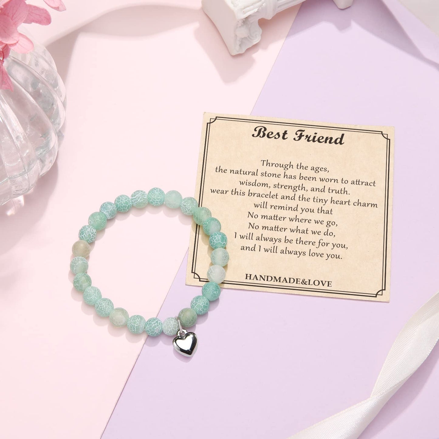 Jewelry&Card Christmas Gifts for Sister Best Friend, Natural Stone Heart Friendship Bracelets for Sister Best Friend Bestie Women