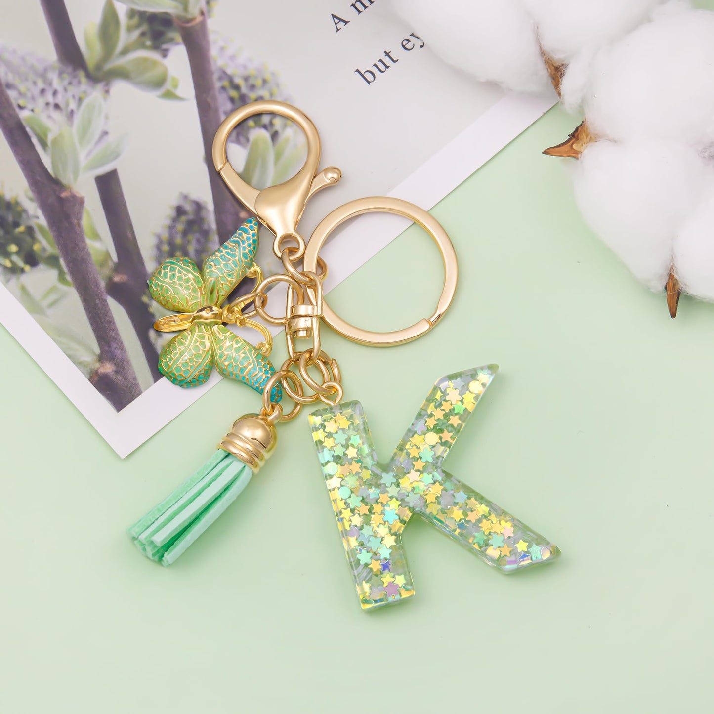 Fashion Alphabet Initial Letter Keychain Tassel Butterfly Pendant Key Ring for Purse Handbags Women Girl
