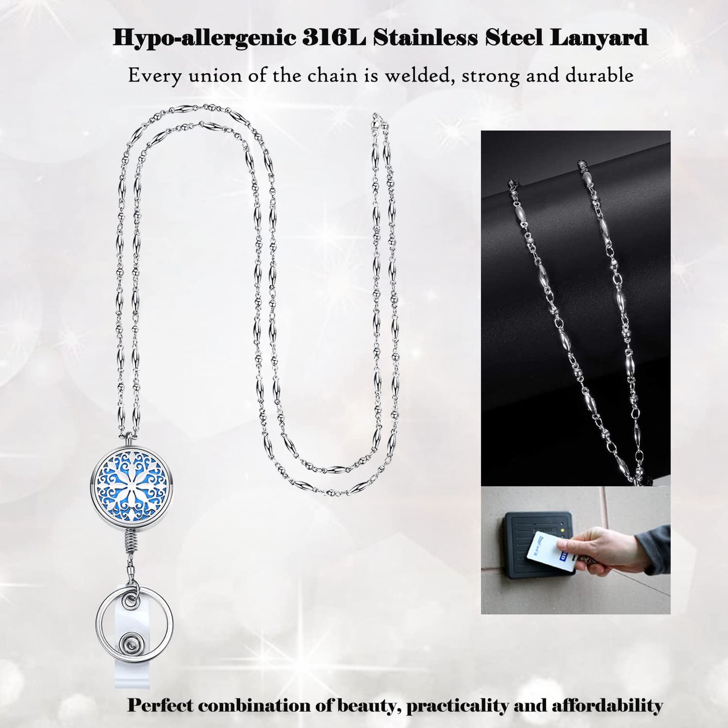 Lanyards for ID Badges Keys Women Cute Teacher Lanyard ID Holder Necklace Silver Chain Fashion Strong Keychain Diffuser Office School Work Jewelry Nurse Teacher Appreciation Gifts Mandala