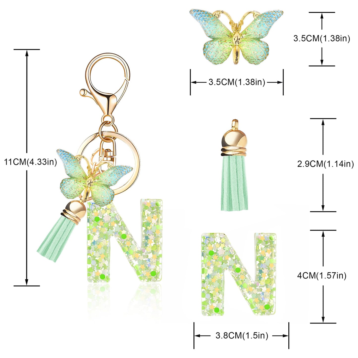 Fashion Alphabet Initial Letter Keychain Tassel Butterfly Pendant Key Ring for Purse Handbags Women Girl