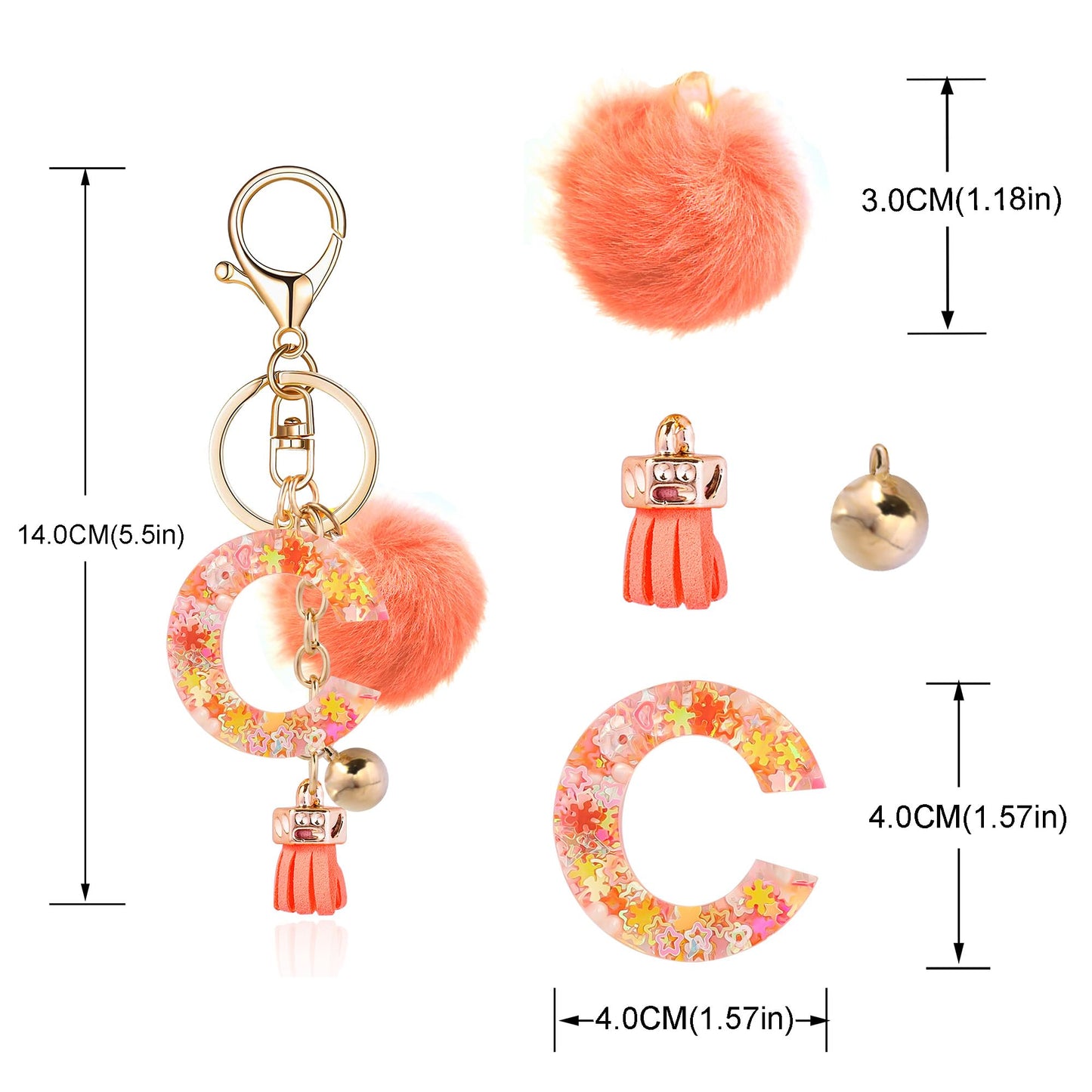 Resin Alphabet Initial Letter Keychain Keyring for Women Purse Handbags With Fur Ball Pom