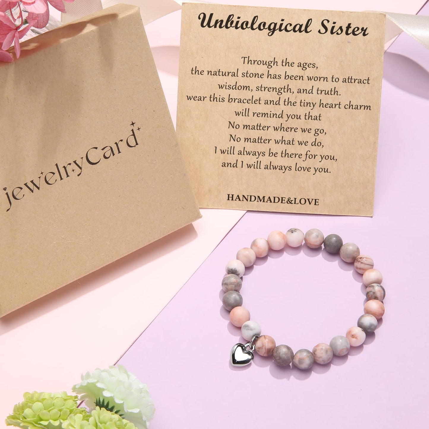 Jewelry&Card Christmas Gifts for Sister Best Friend, Natural Stone Heart Friendship Bracelets for Sister Best Friend Bestie Women