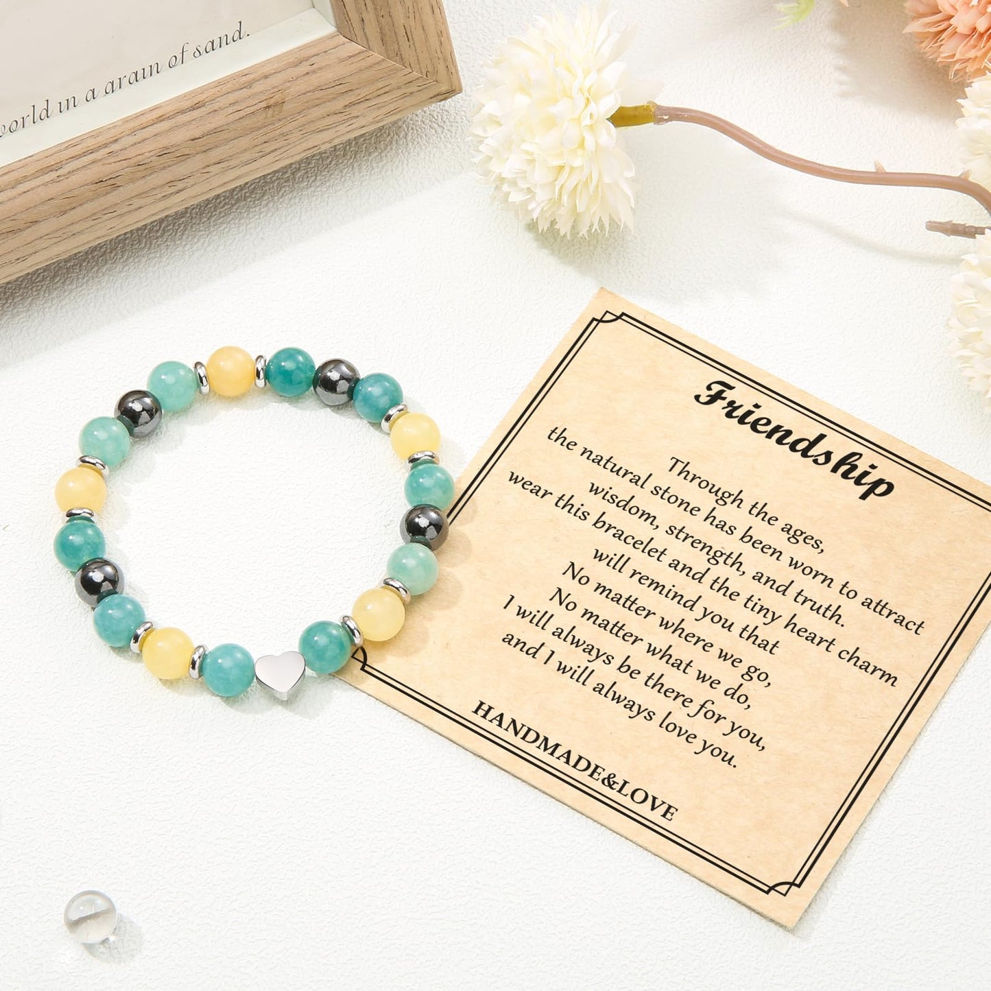 Jewelry&Card Christmas Gifts for Sister Best Friend, Natural Stone Heart Friendship Bracelets for Sister Best Friend Bestie Women