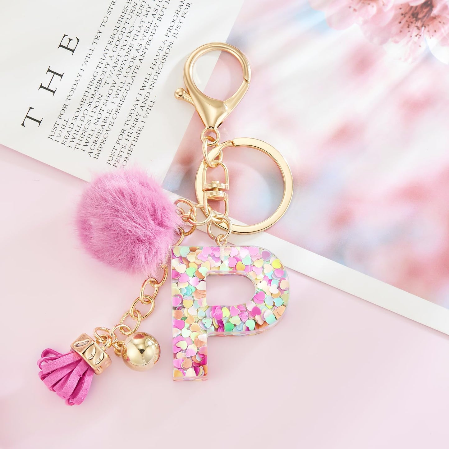 Resin Alphabet Initial Letter Keychain Keyring for Women Purse Handbags With Fur Ball Pom