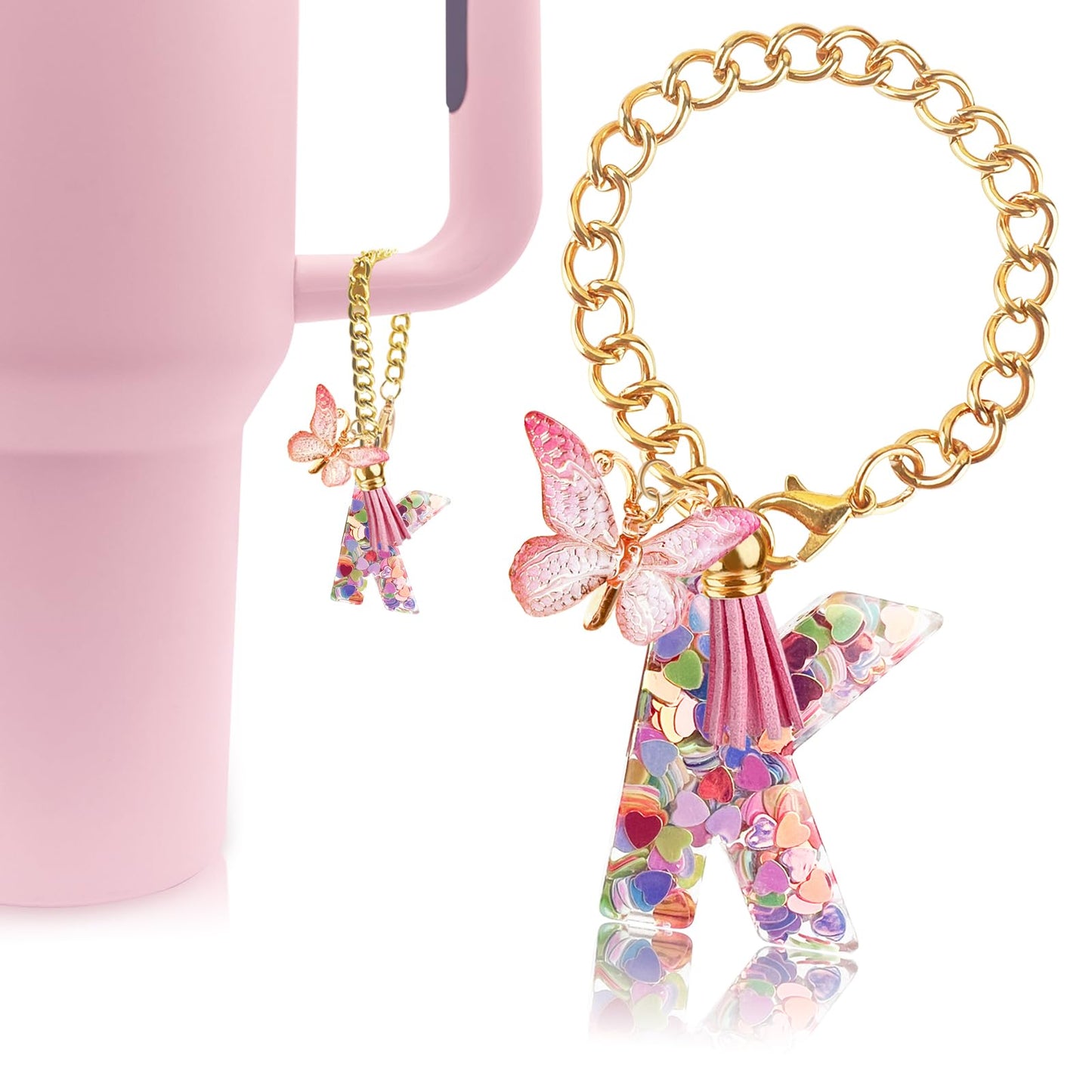Letter Charm Accessories for Stanley Cup with Handle, Cute Initial Letter A Keychain Handle Charm with Butterfly for Stanley Tumbler for Women Girls