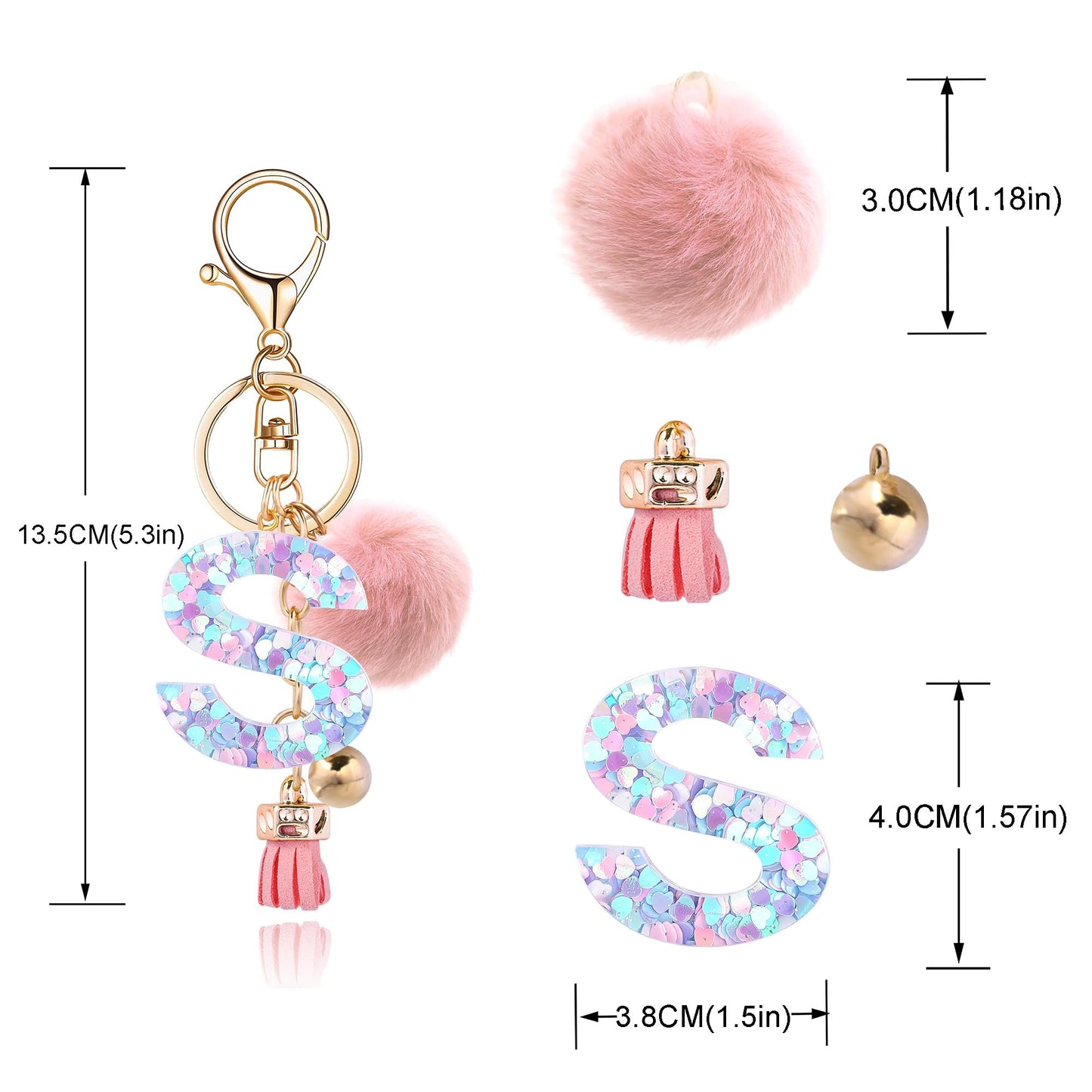 Resin Alphabet Initial Letter Keychain Keyring for Women Purse Handbags With Fur Ball Pom